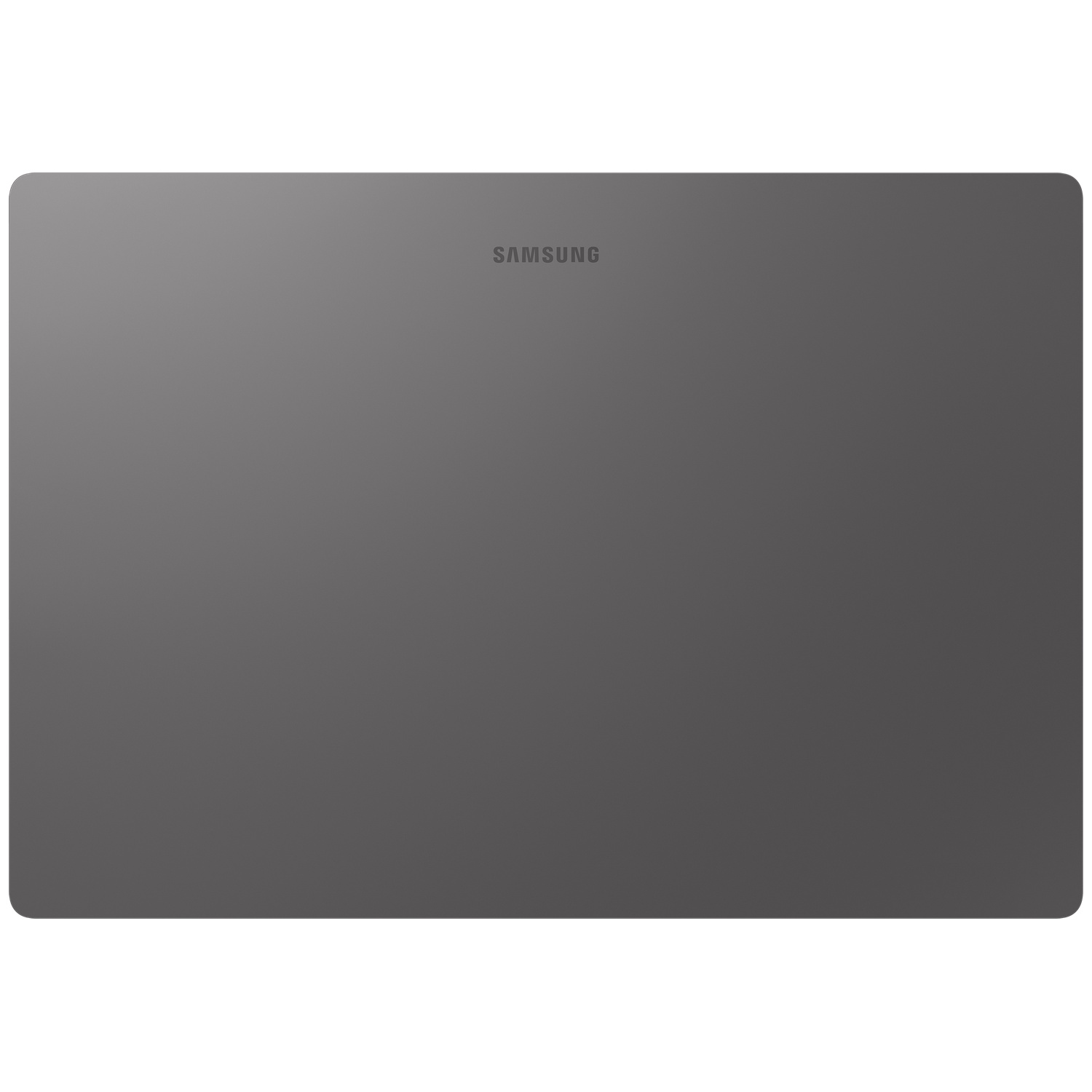 Tablette Samsung grise en mode paysage sur fond blanc.