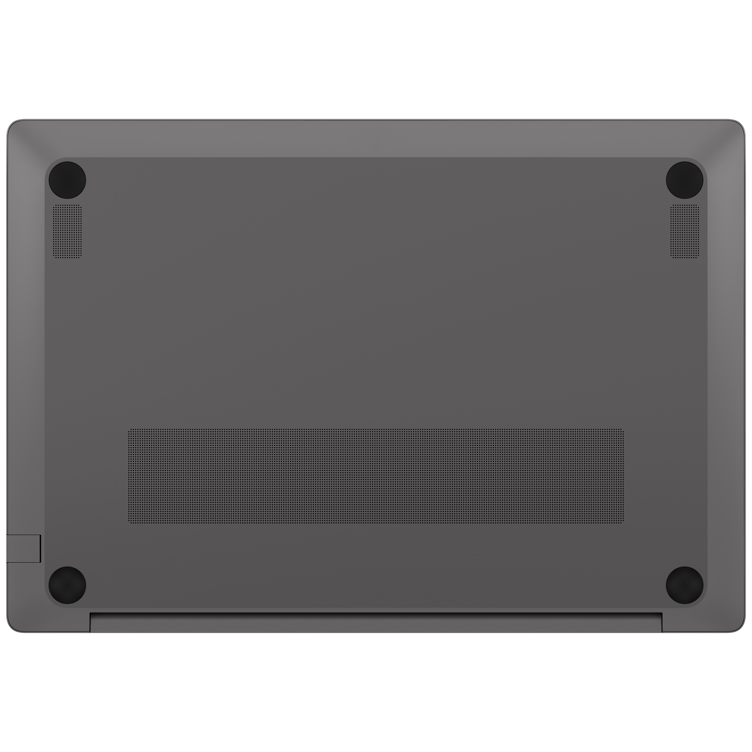 Dessous d'un ordinateur portable gris avec des évents et des pieds en caoutchouc.