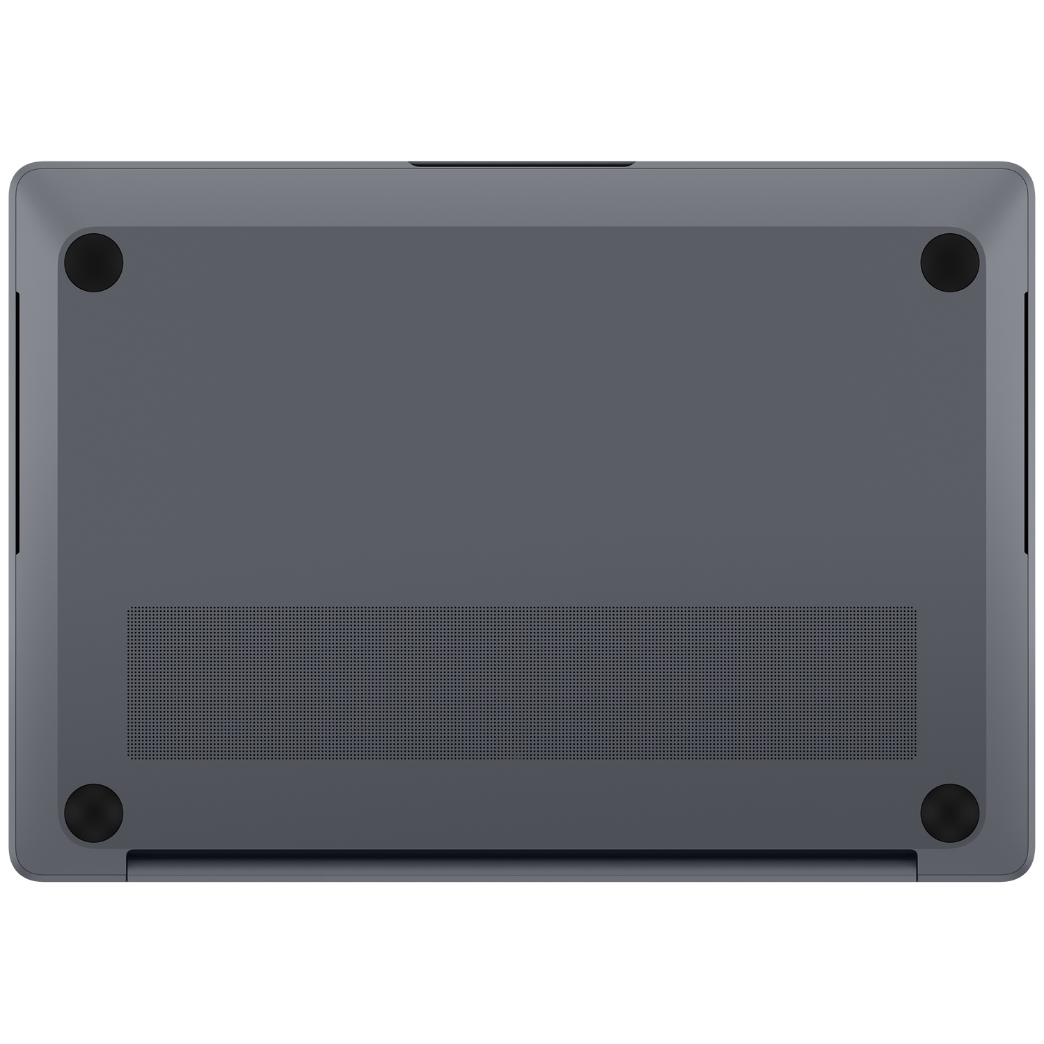 Dessous d'un ordinateur portable gris foncé avec quatre pieds en caoutchouc noirs et aérations.