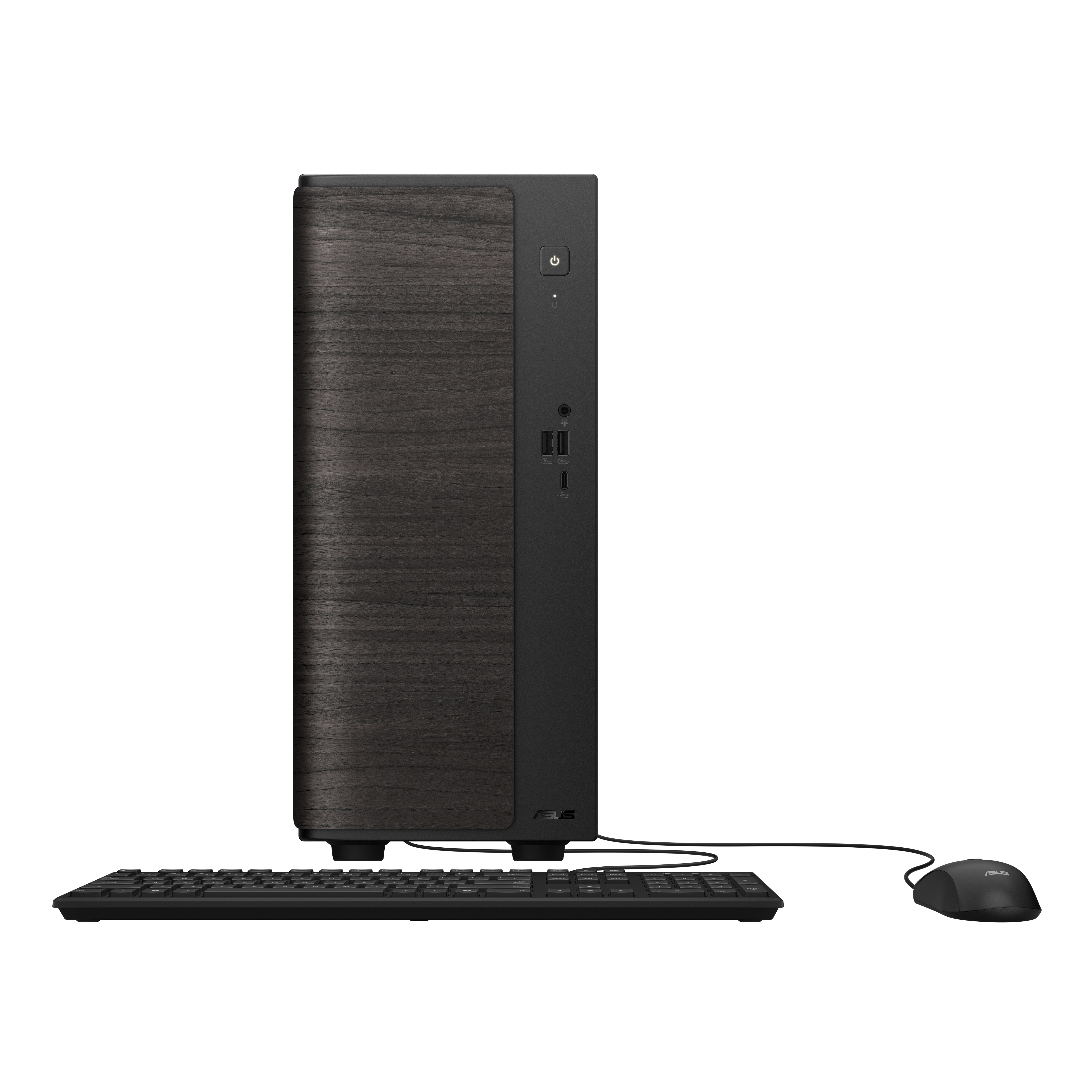 Ein schlanker, dunkler Desktop-PC mit Holzmaserung, Tastatur und Maus.