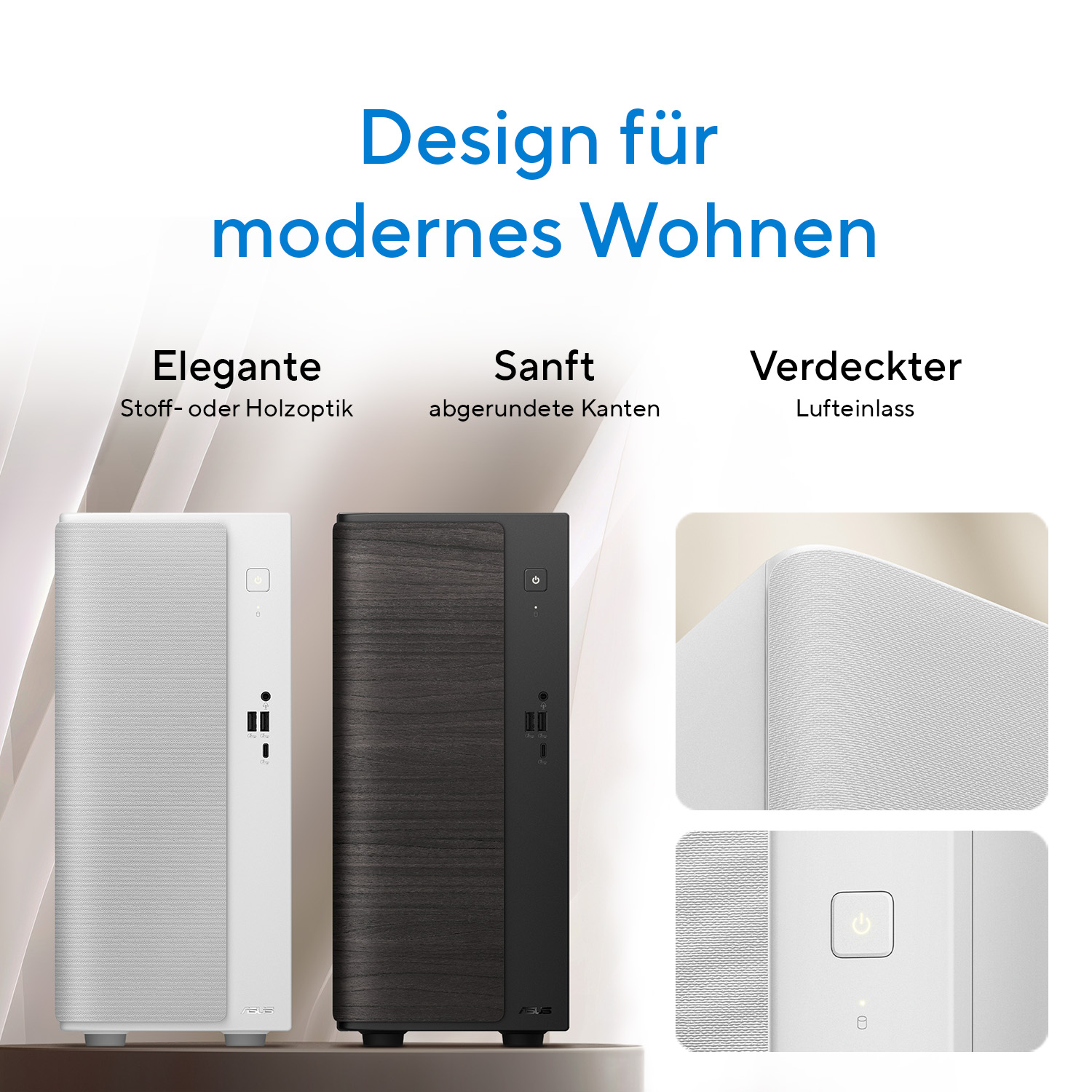Zwei PCs, weiß und Holzoptik, mit Fokus auf Design und Details.