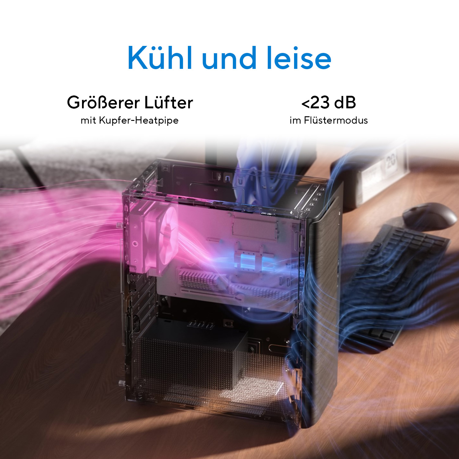 Ein Computergehäuse mit rosa und blauen Luftströmen, die Kühlung anzeigen.