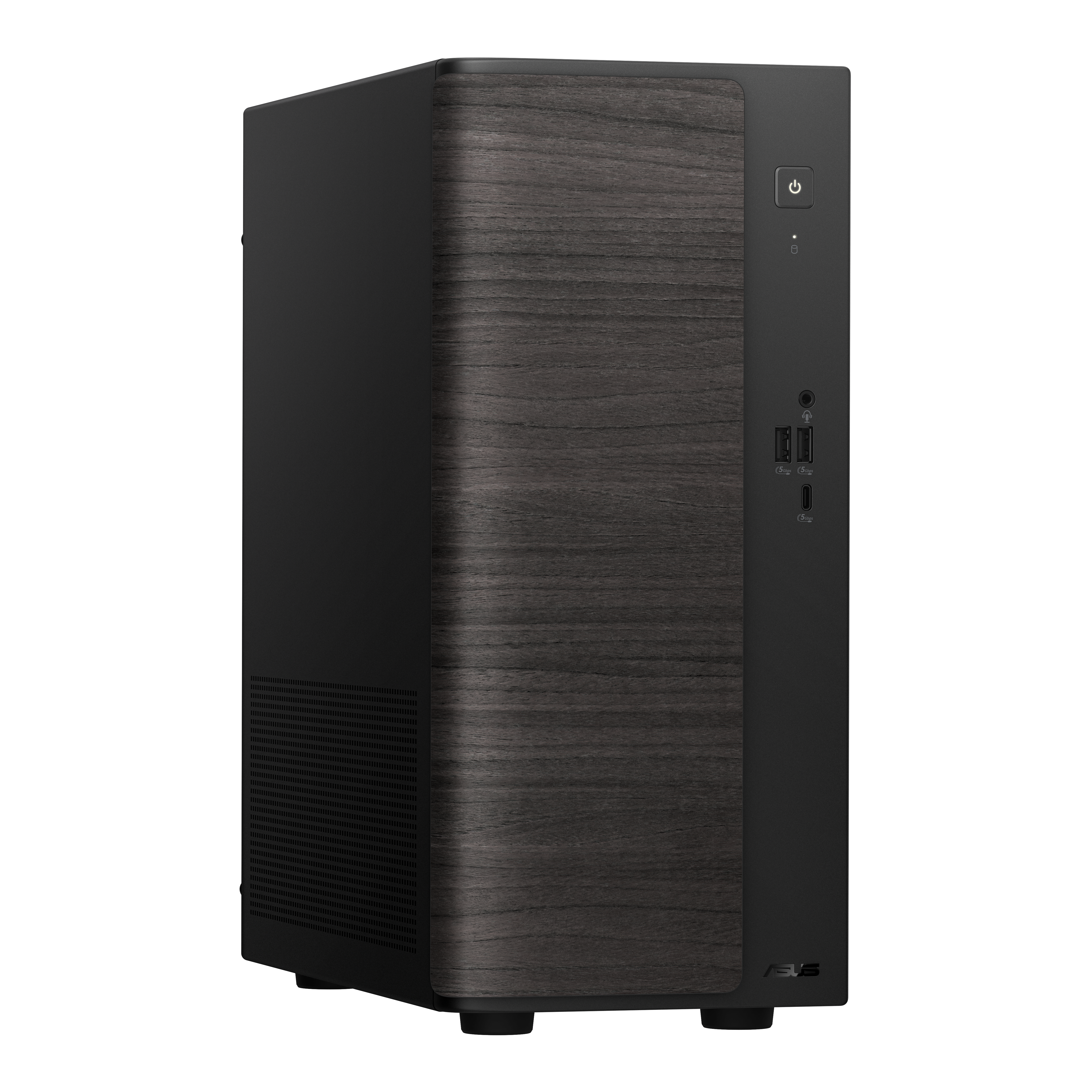 Schwarzer PC-Tower mit Holzmaserung-Akzent. Front mit Anschlüssen und Power-Knopf.