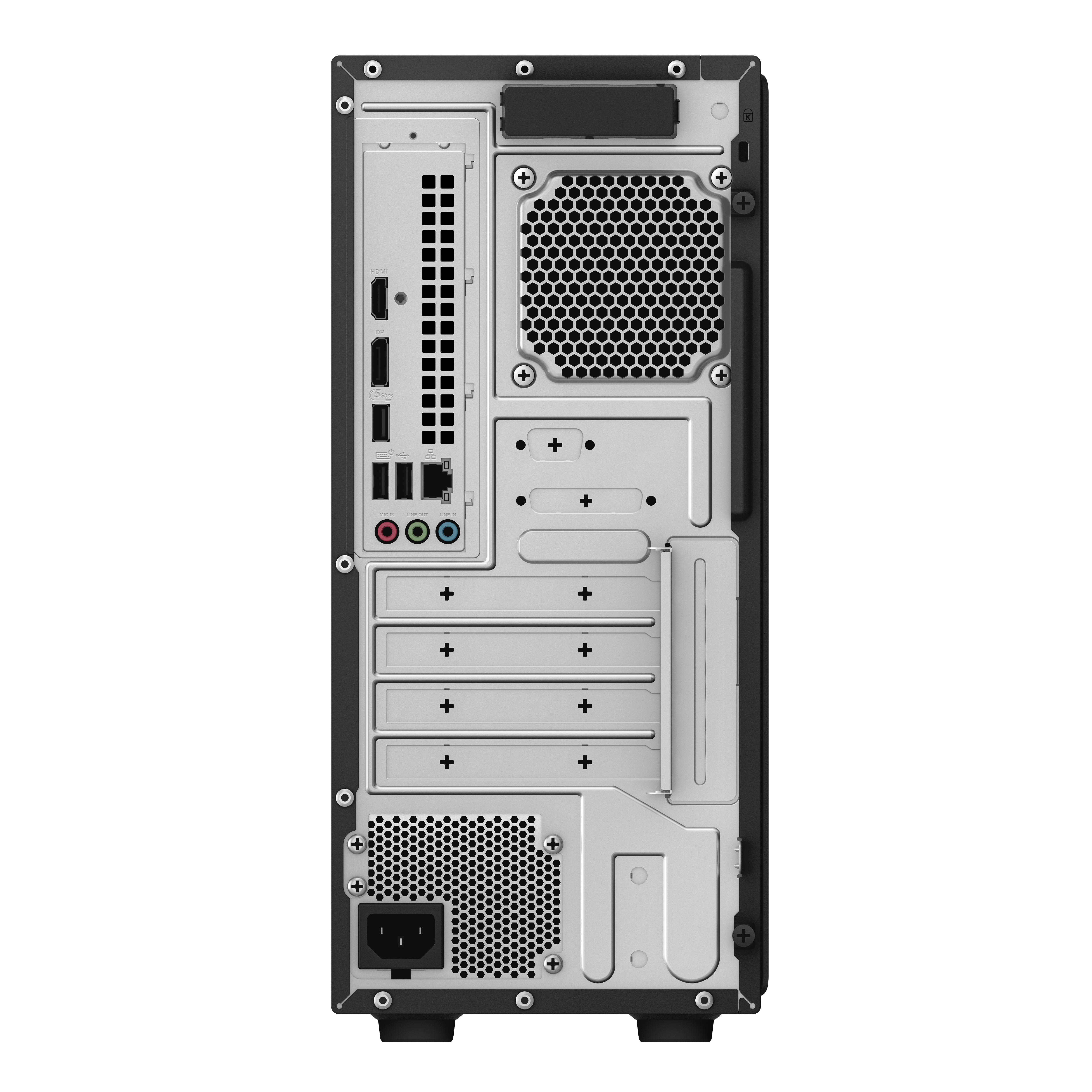 Rückseite eines schwarzen Computergehäuses mit Anschlüssen.