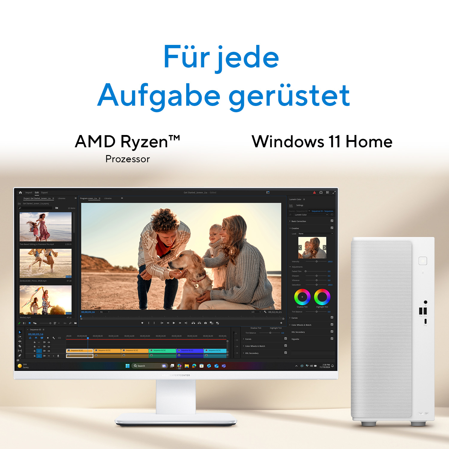 Ein PC mit AMD Ryzen Prozessor und Windows 11 Home zeigt Videobearbeitungssoftware.