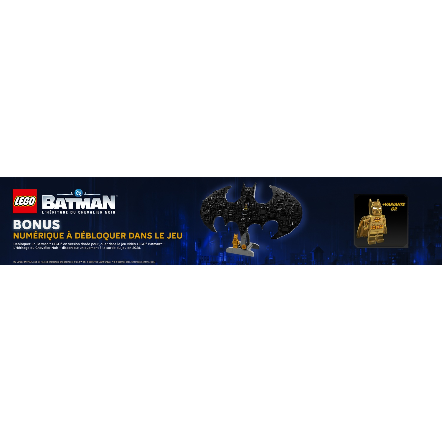 Logo LEGO Batman, symbole Bat, et figurine dorée de Batman. Bonus.