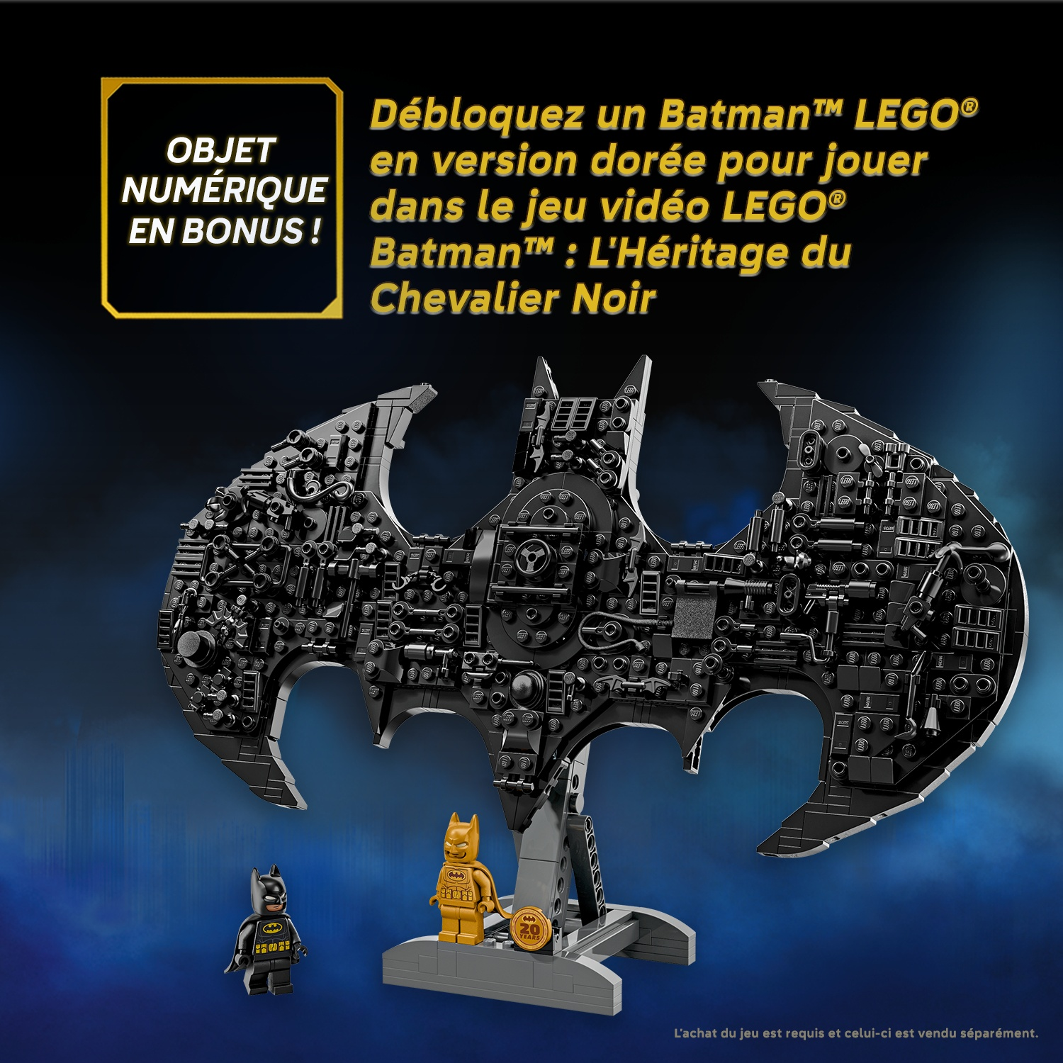 Un symbole noir LEGO Batman avec deux figurines et du texte.