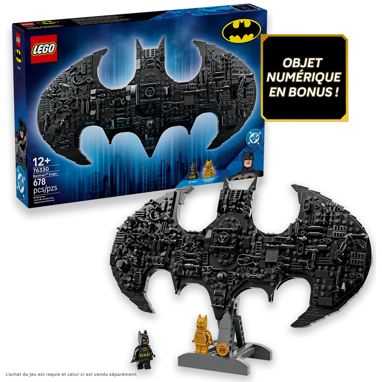 Set logo Lego Batman avec deux figurines et un objet numérique bonus.