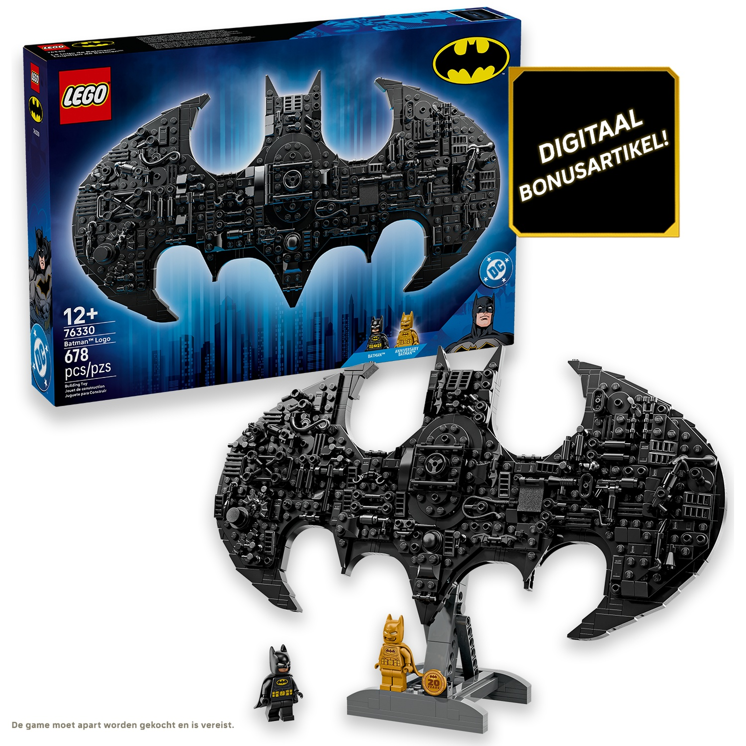 LEGO Batman Logo bouwset met minifiguren en 'DIGITALE BONUSARTIKEL' opdruk.
