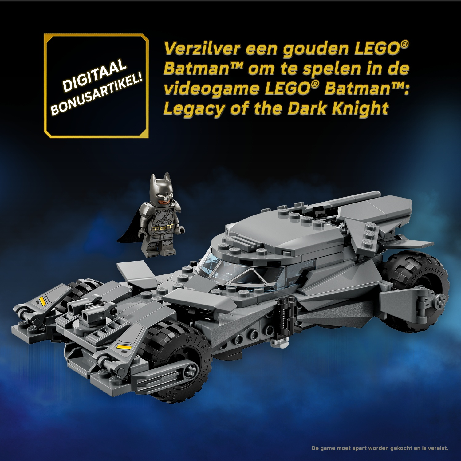 Een grijs LEGO Batman-voertuig met een minifiguur. Digitaal bonusartikel.