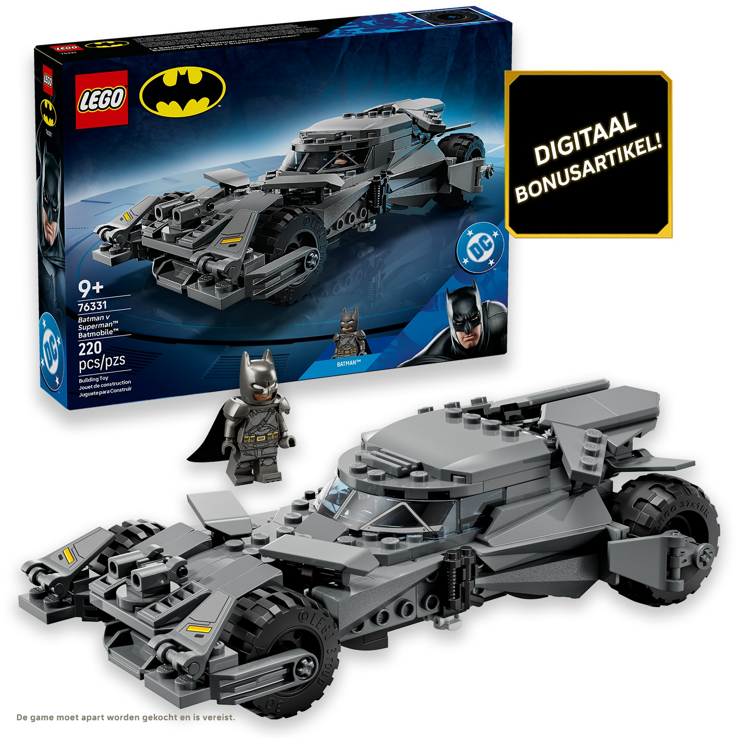 LEGO Batman v Superman Batmobile set met Batman-figuur en doos.