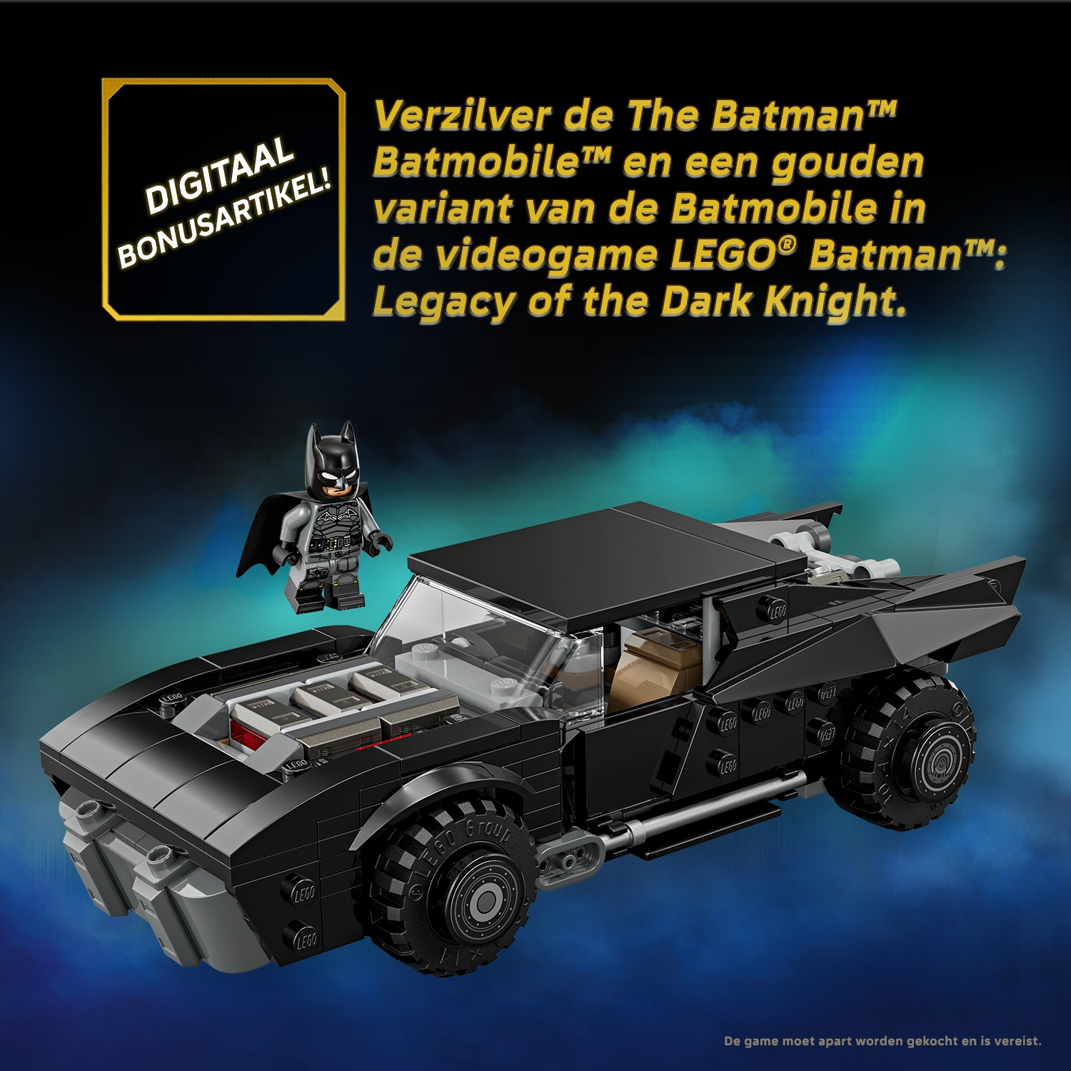 LEGO Batman™™ met Batmobiel en tekst.