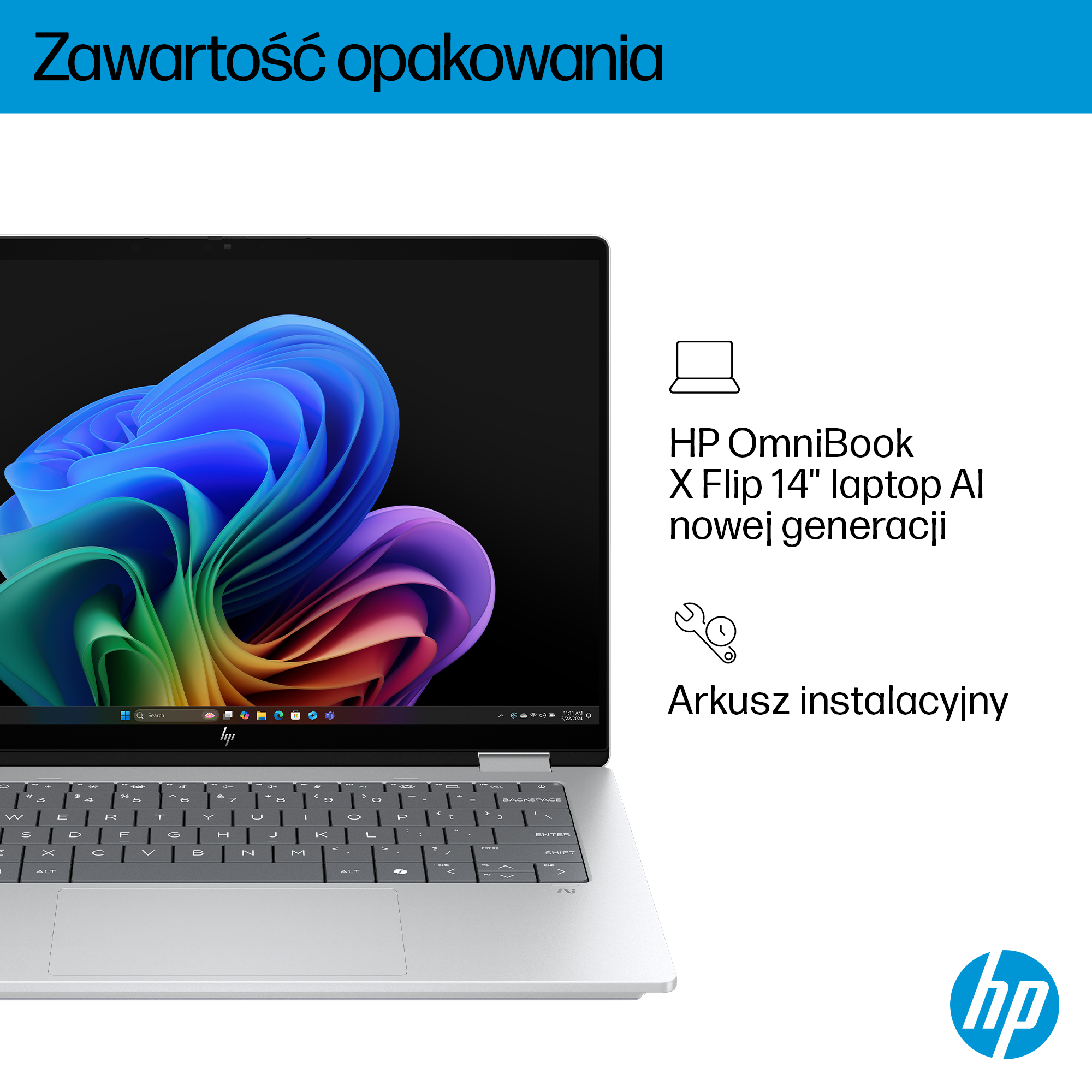 Srebrny laptop HP OmniBook X Flip 14" AI z kolorową tapetą.