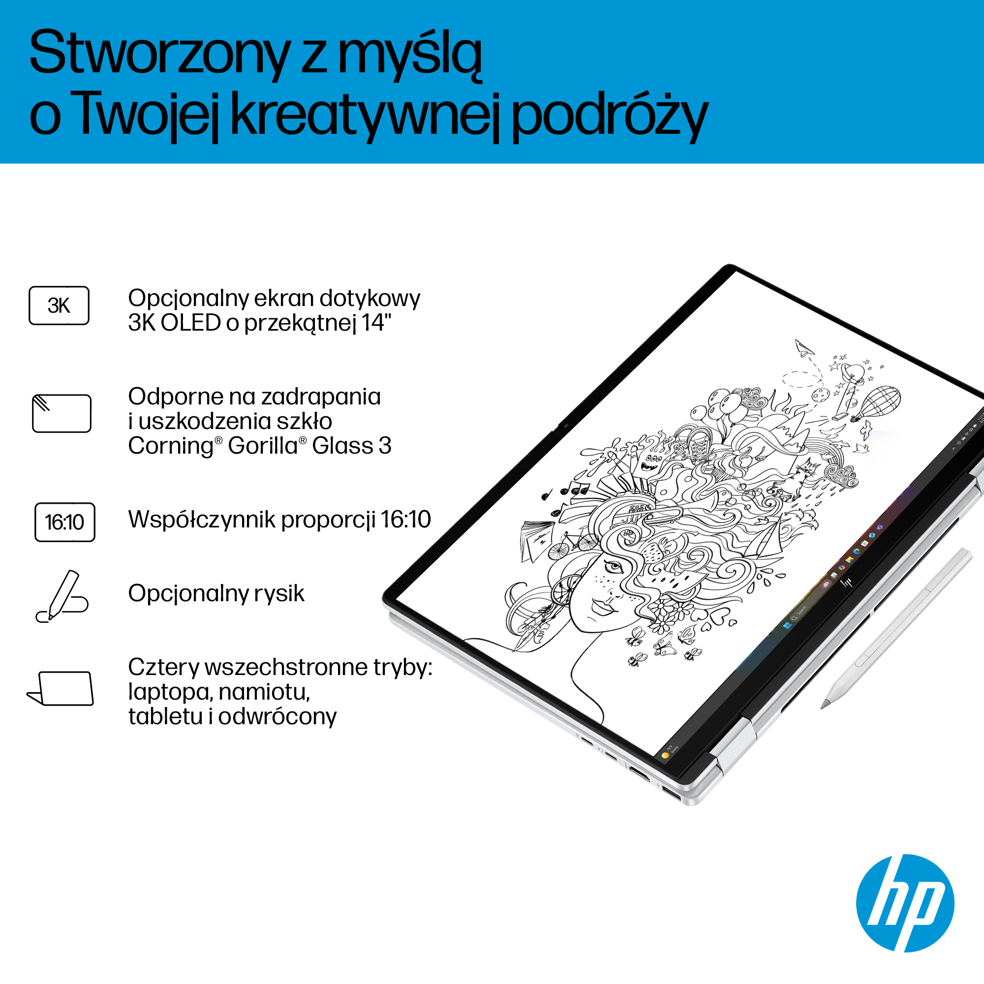 Laptop wyświetlający szczegółowy rysunek czarno-biały, obok rysik.