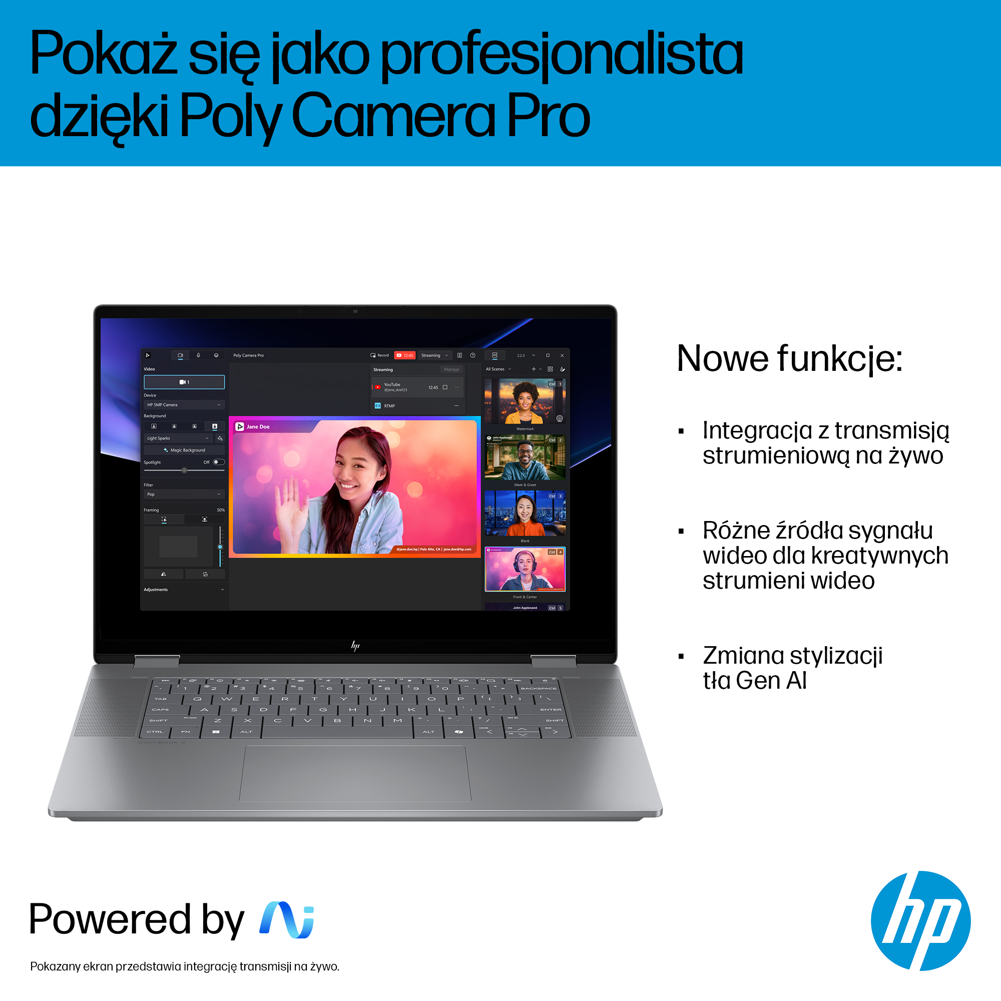 Laptop wyświetla oprogramowanie Poly Camera Pro z transmisjami wideo i opcjami edycji.