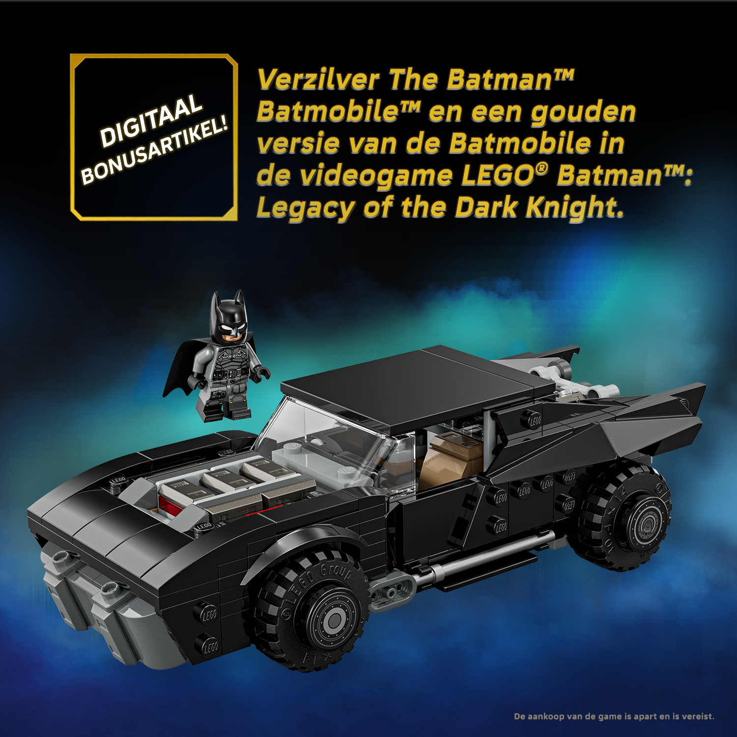 A Lego Batman and his Batmobile stand on a dark background.