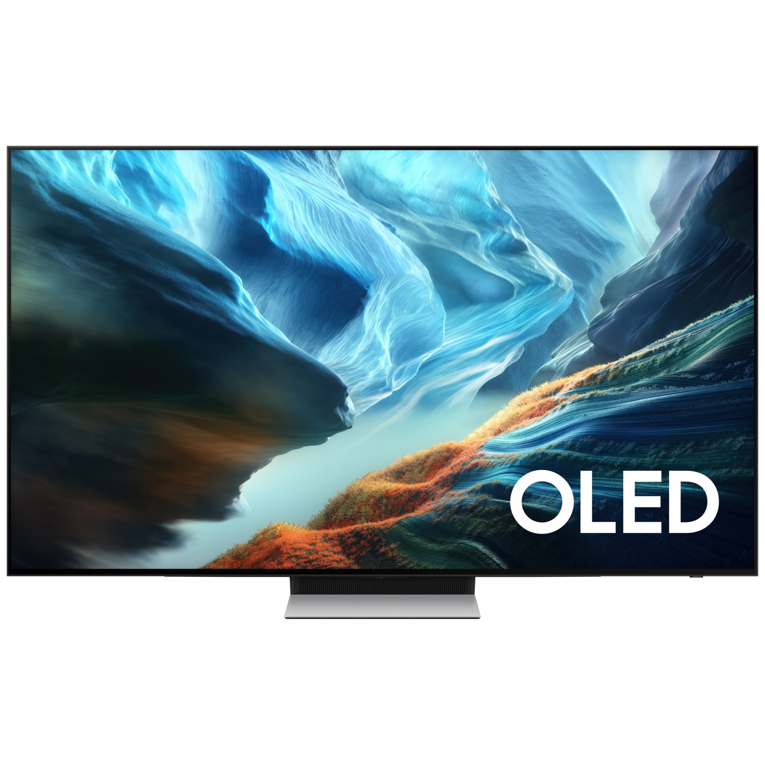 Un téléviseur OLED moderne affichant une image de fond abstraite bleue et orange.