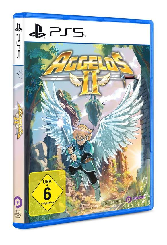 Ein Junge mit Flügeln hält ein Schwert, vor dem Spieltitel Aggelos II.