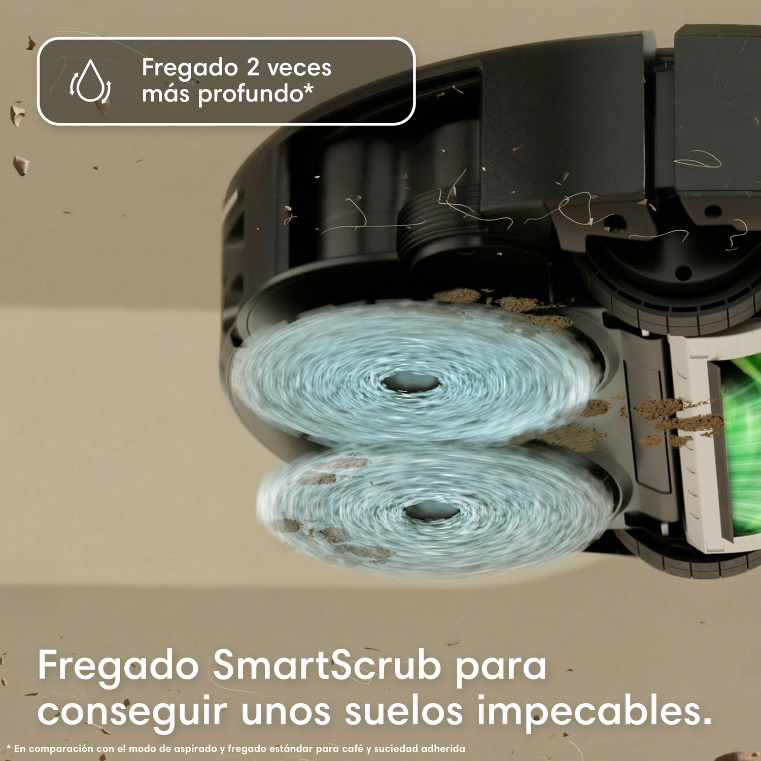 Un robot aspirador con cepillos giratorios que limpian la suciedad. Limpieza profunda.