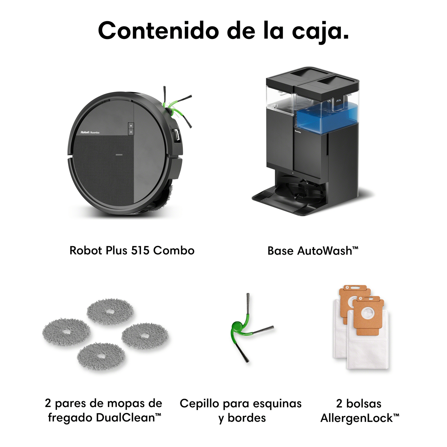 Contenido de la caja: Robot, base, 4 mopas, cepillo de esquinas, 2 bolsas.