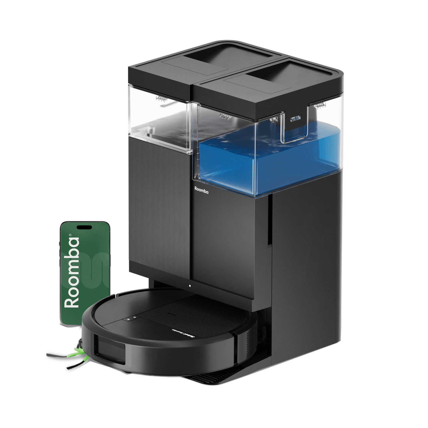 Aspiradora robot negra con estación de acoplamiento, tanque transparente con líquido azul, etiqueta Roomba verde.
