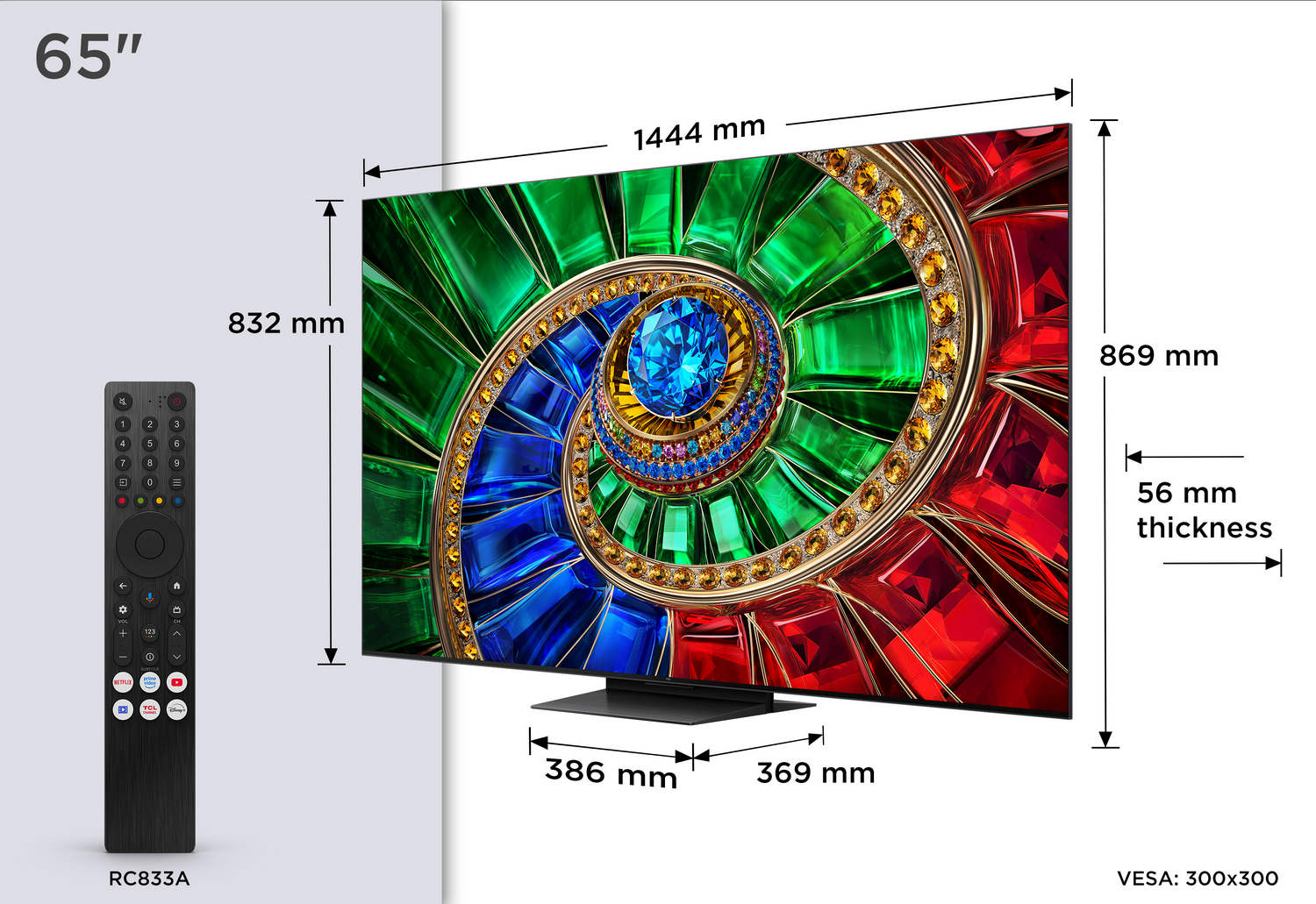 TV de 65 pulgadas con mando. Dimensiones: 1444x869 mm, grosor 56 mm.