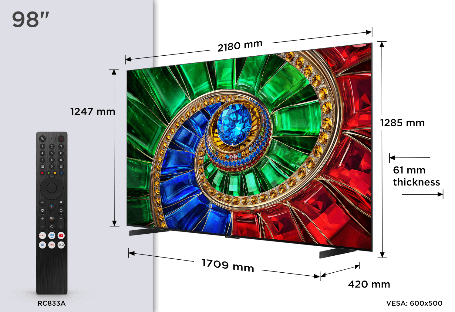 Televisor de 98 pulgadas con mando y dimensiones: 2180mm ancho, 1247mm alto, 61mm grosor.