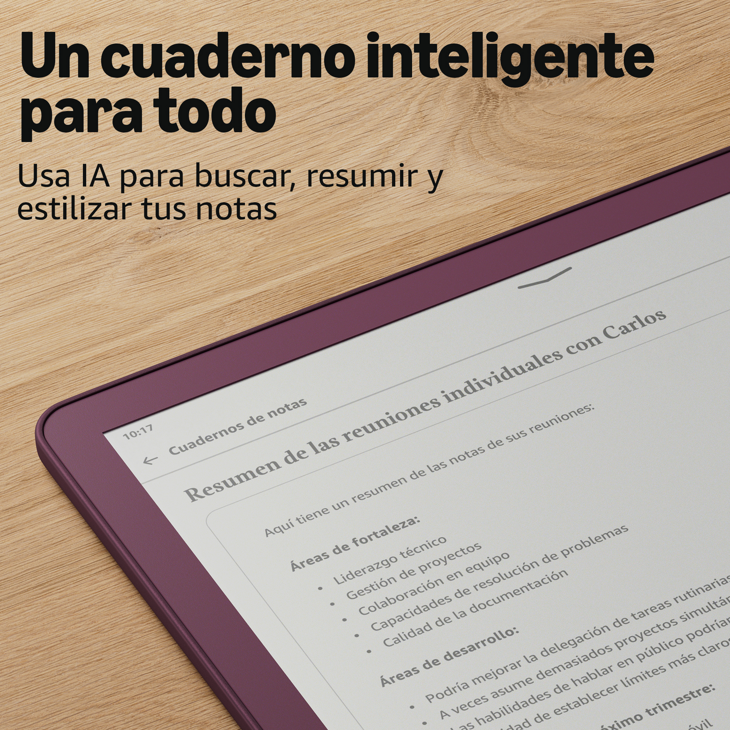 Un lector electrónico morado muestra una nota con encabezados de Fortalezas y Áreas de Desarrollo.