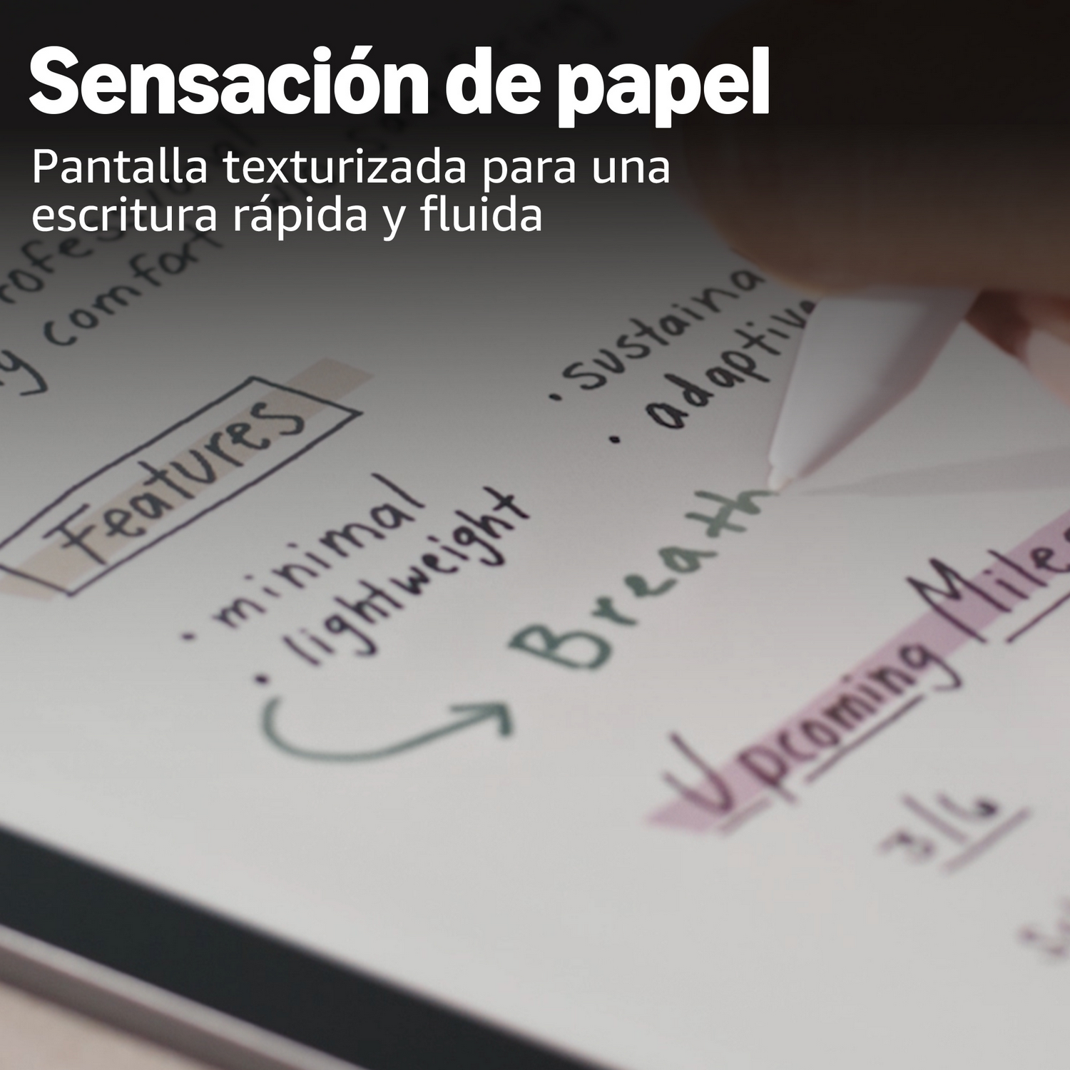 Una mano usa un lápiz óptico para escribir en una pantalla con notas escritas a mano.