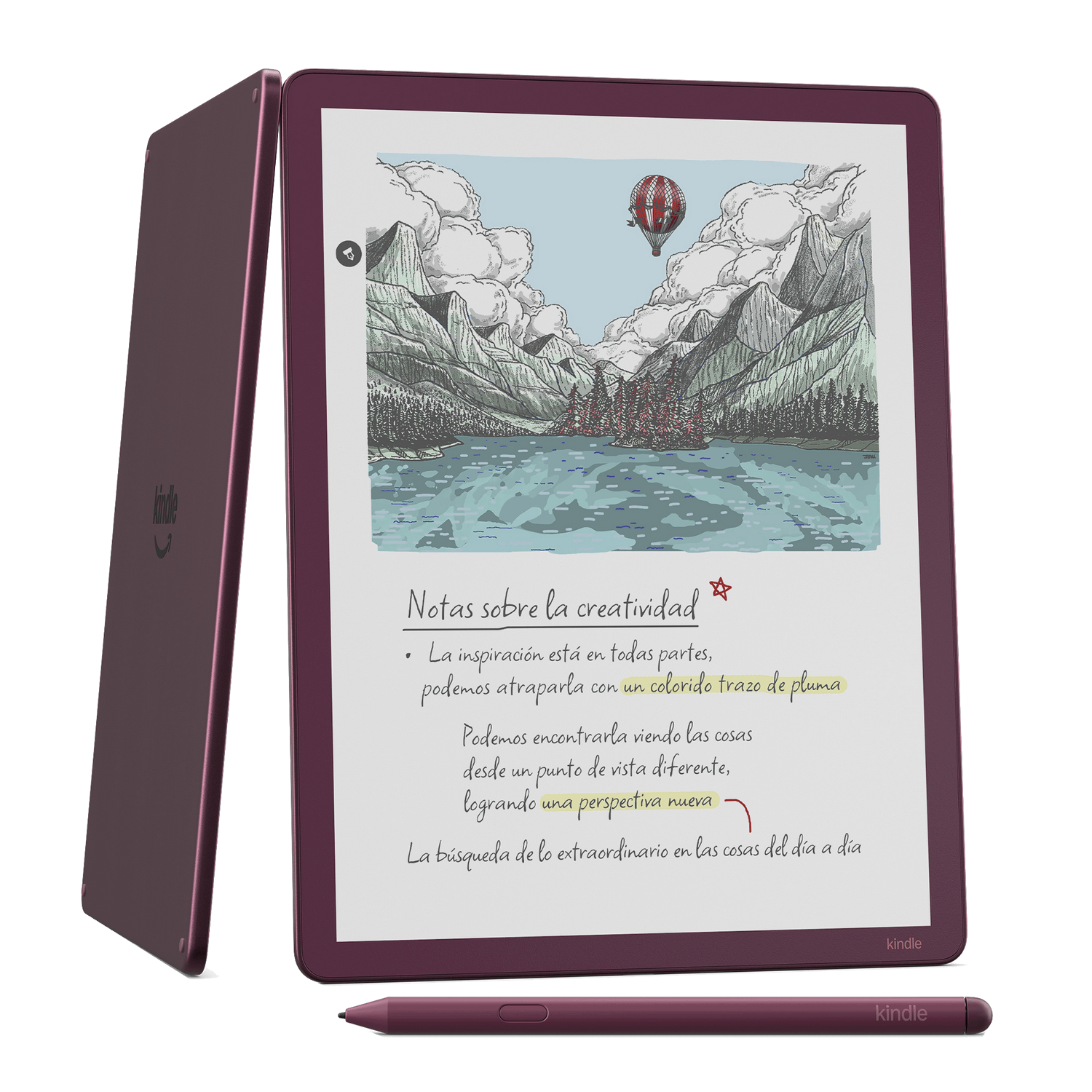 Lector electrónico morado con lápiz muestra paisaje con globo aerostático y notas.