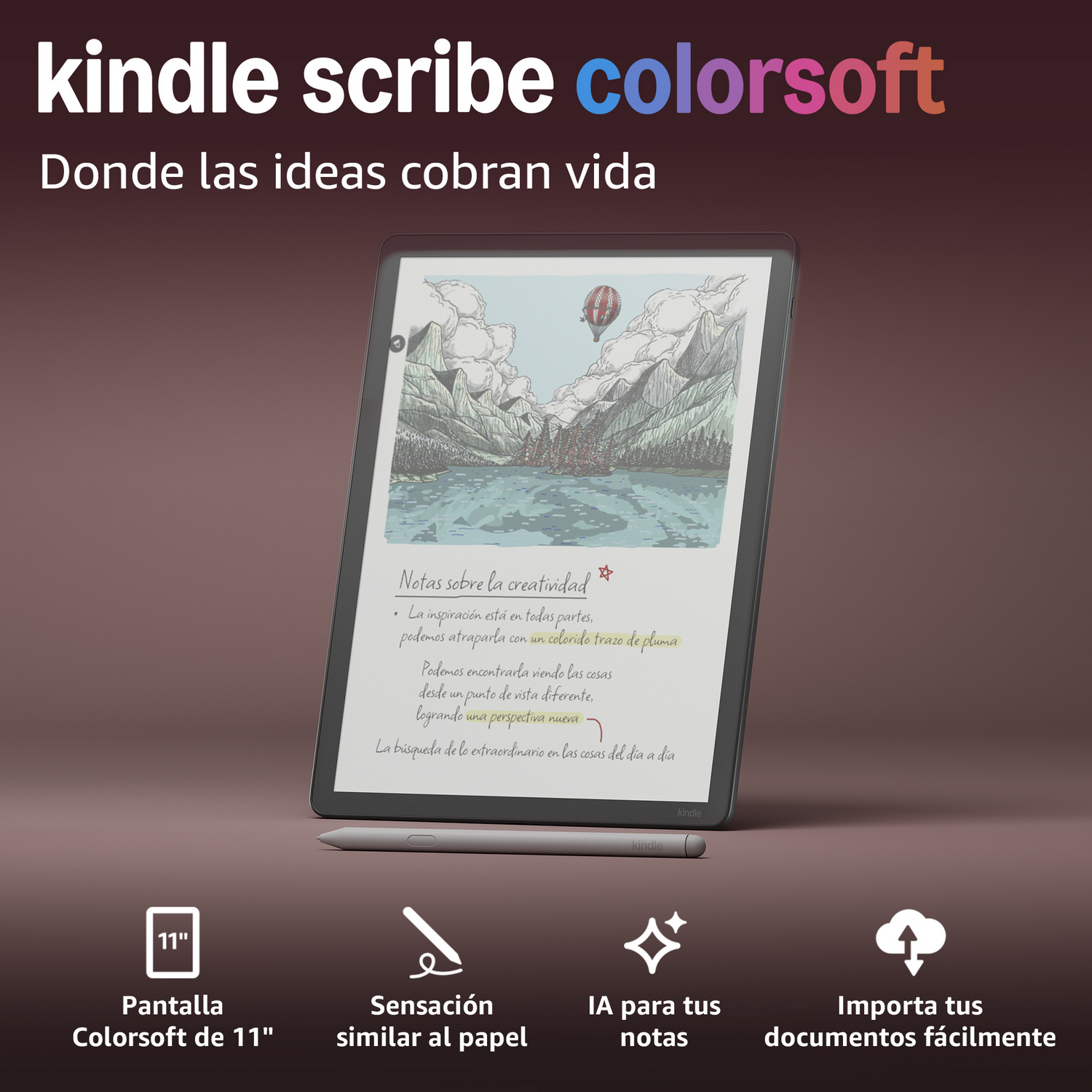 Kindle Scribe con pantalla Colorsoft de 11" y lápiz. Notas sobre creatividad.