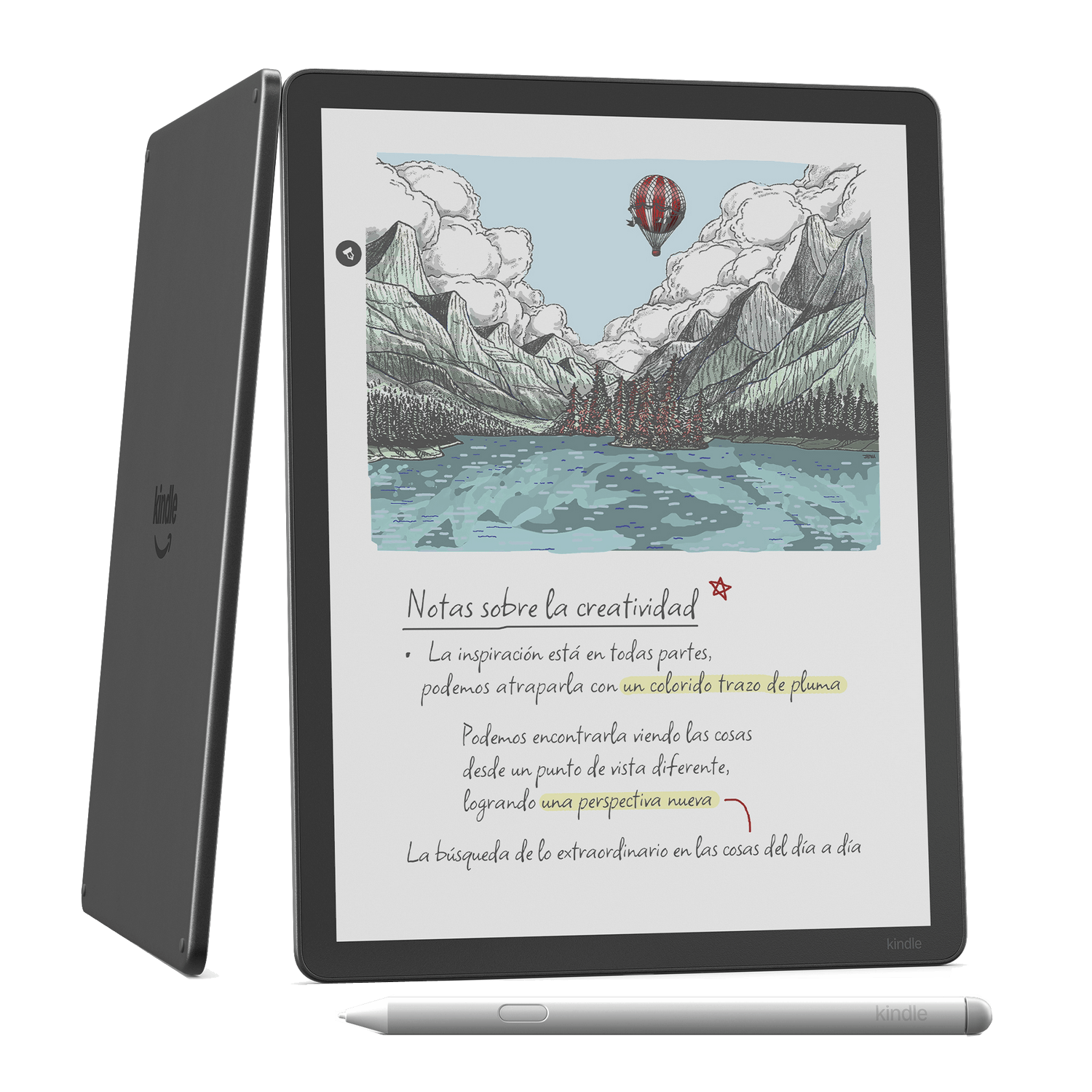 Un Kindle muestra un dibujo de montañas, lago, globo aerostático y texto sobre creatividad.
