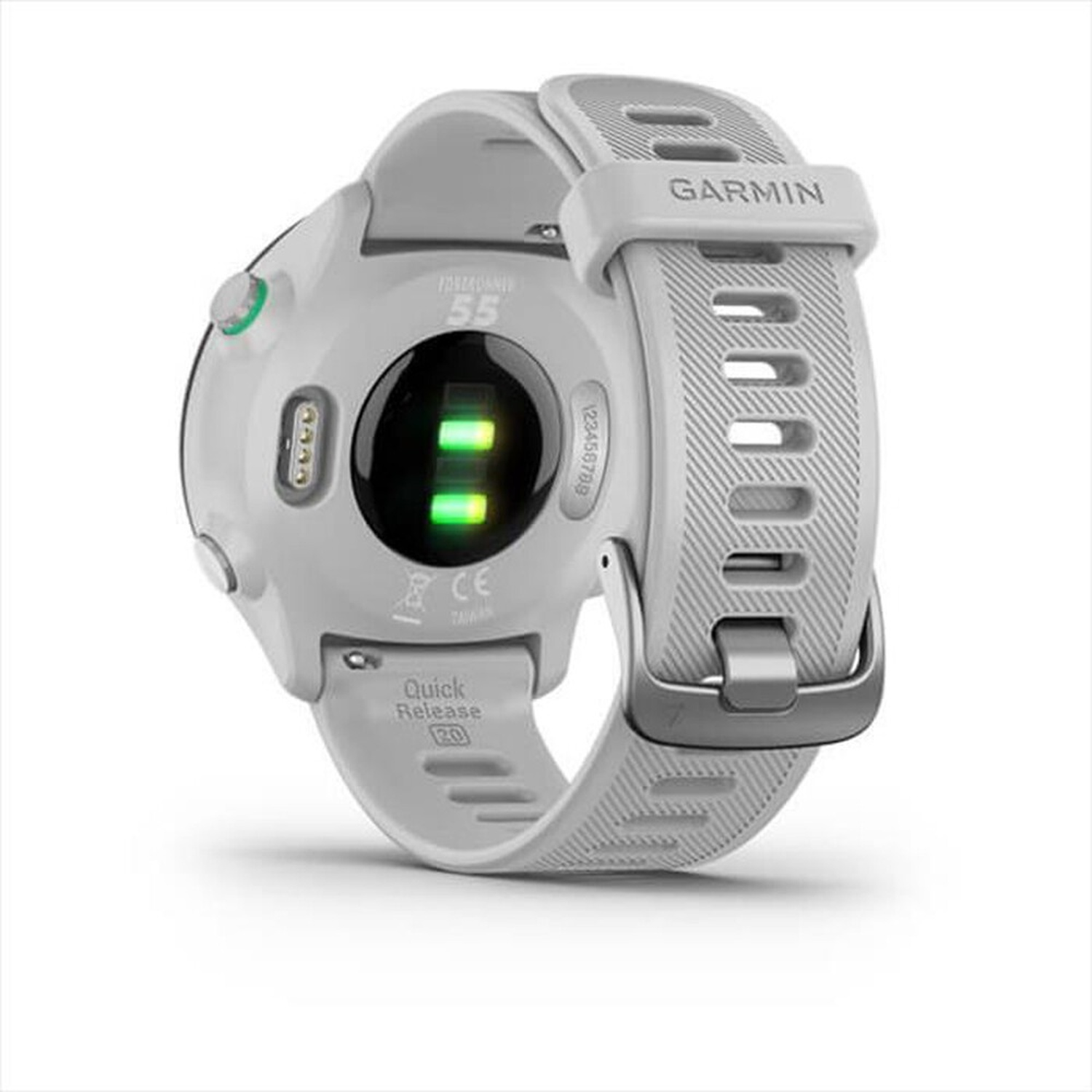 Wit Garmin smartwatch met hartslagsensor en snelsluiting bandje.