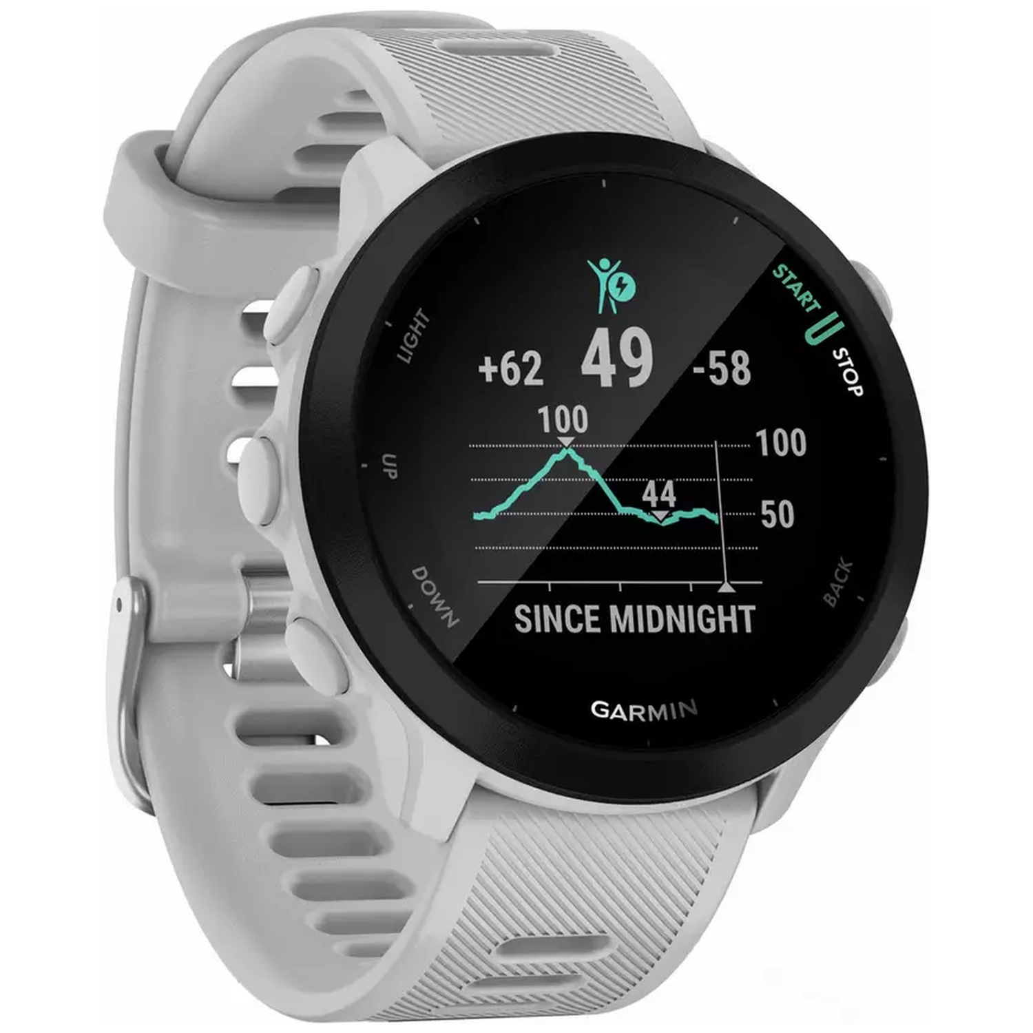 Grijze smartwatch met zwart display dat trainingsgegevens zoals hartslag en afstand toont.