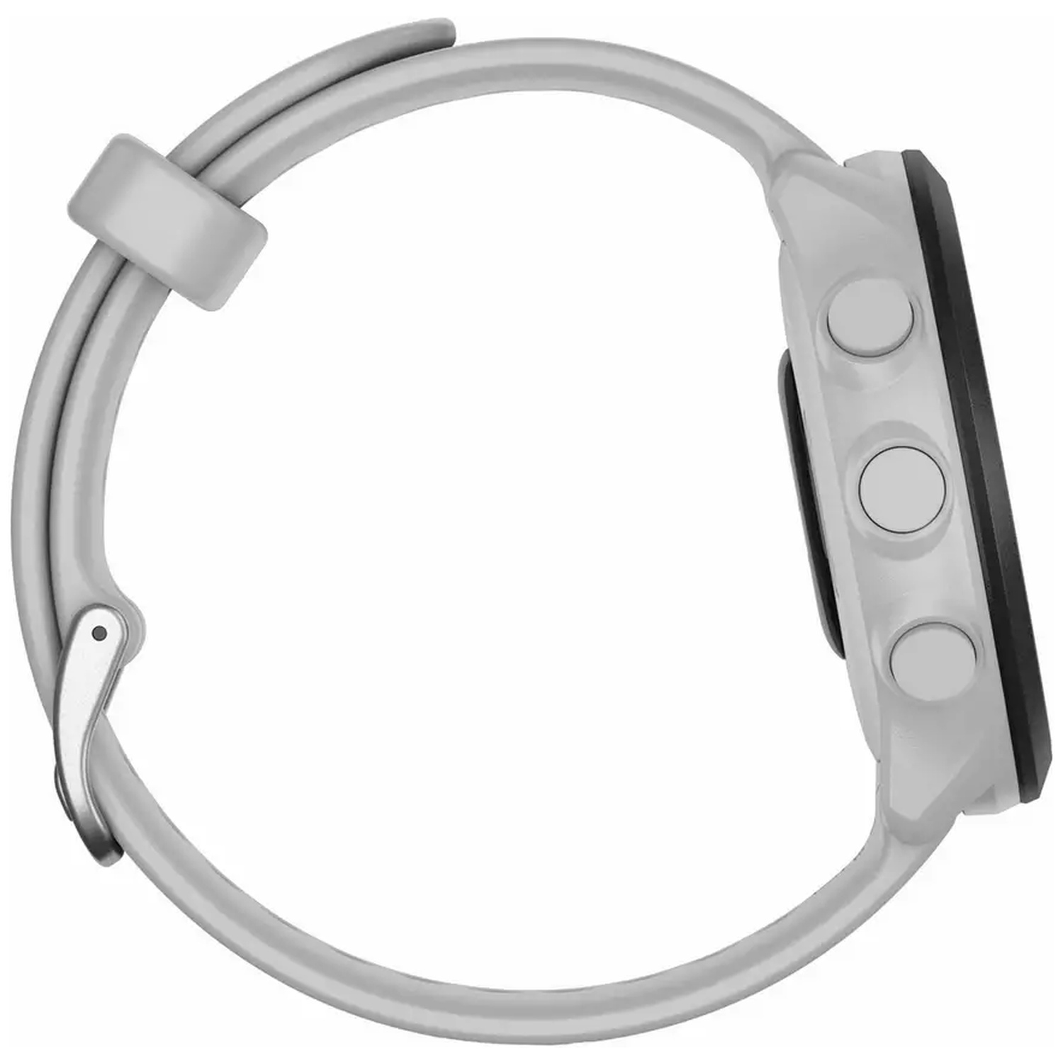 Grijze smartwatch met drie zijknopen, witte band en metalen gesp.
