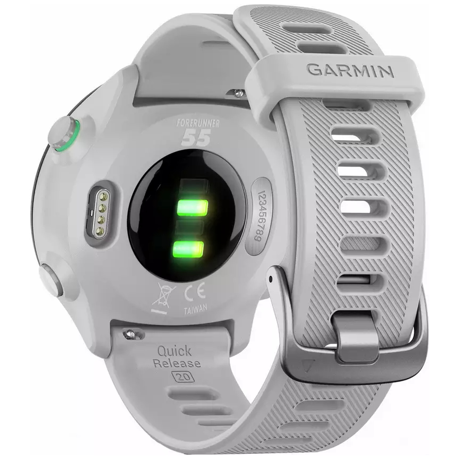 Achterkant van een witte Garmin Forerunner 55 smartwatch met laadcontacten en hartslagsensor.