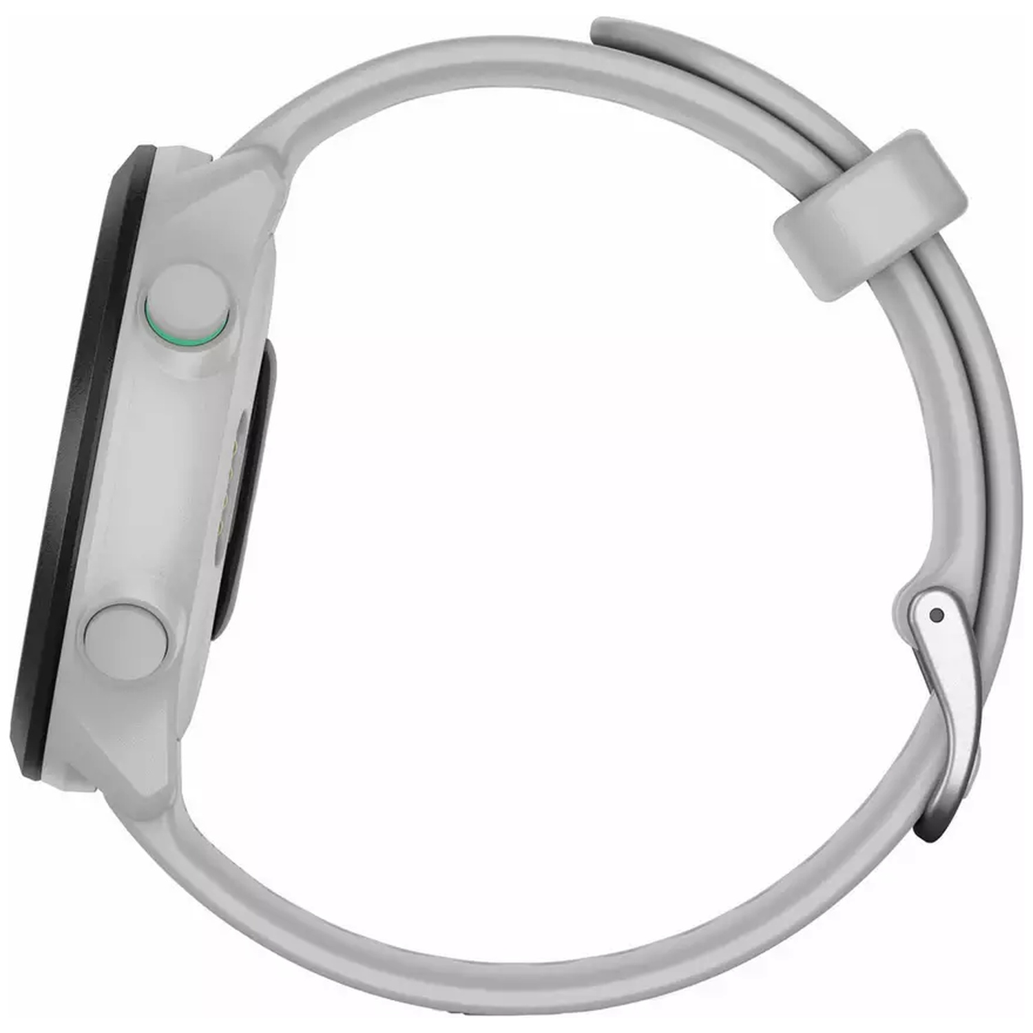 Grijze smartwatch met ronde wijzerplaat, zilveren knoppen en gespsluiting.