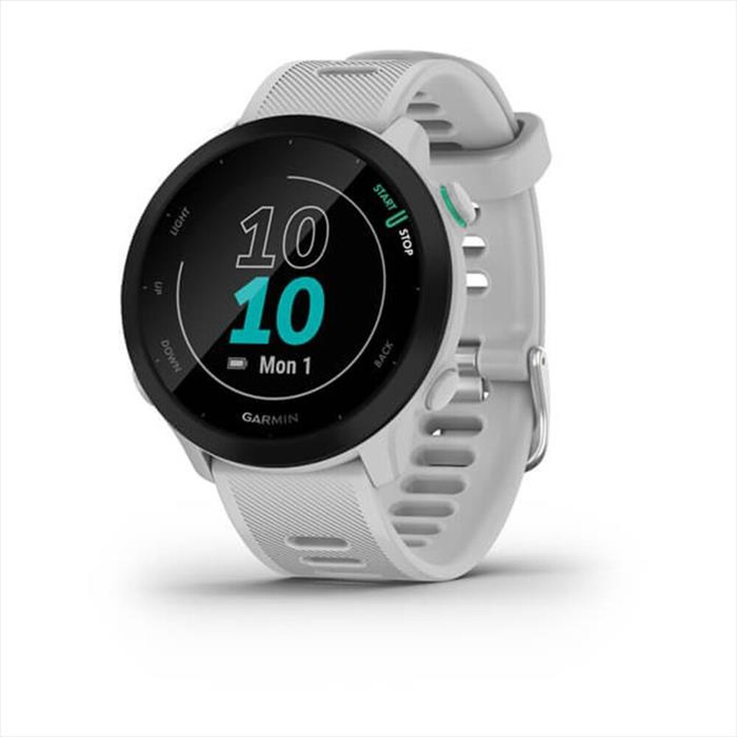 Een witte Garmin smartwatch met een zwart scherm waarop 10:10 staat.