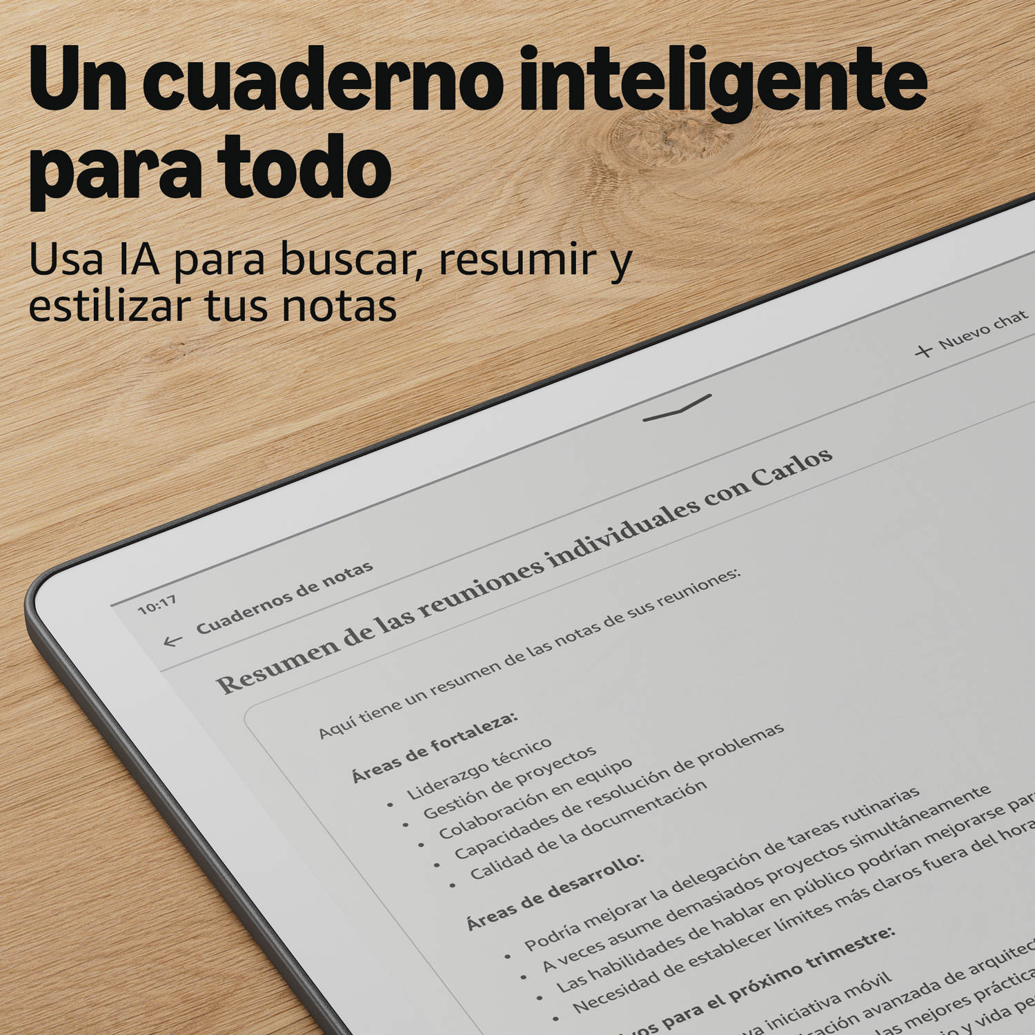 Tableta mostrando notas: 'Un cuaderno inteligente para todo. Usa IA para buscar, resumir y estilizar tus notas.'