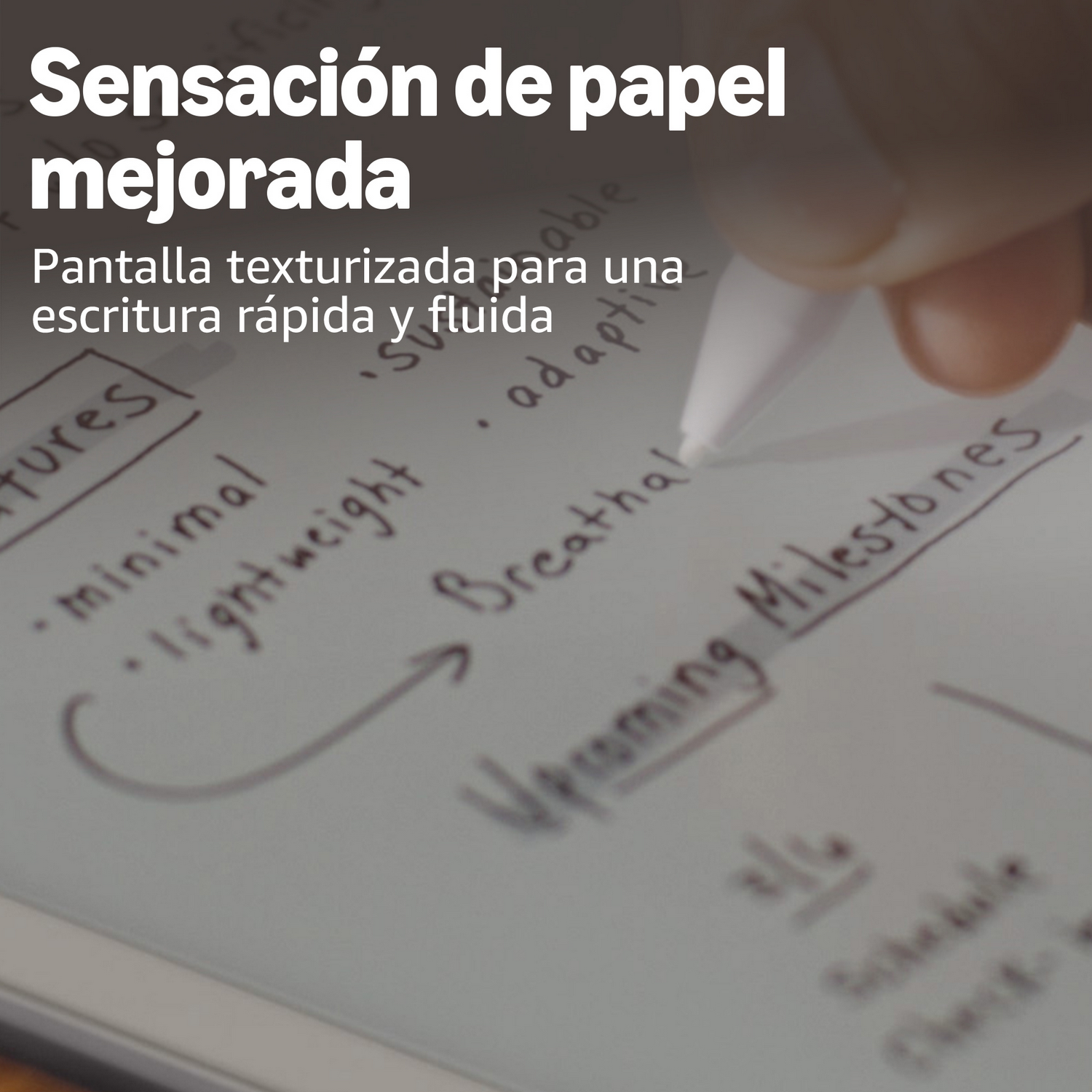 Una mano escribe con un bolígrafo en una pantalla texturizada.