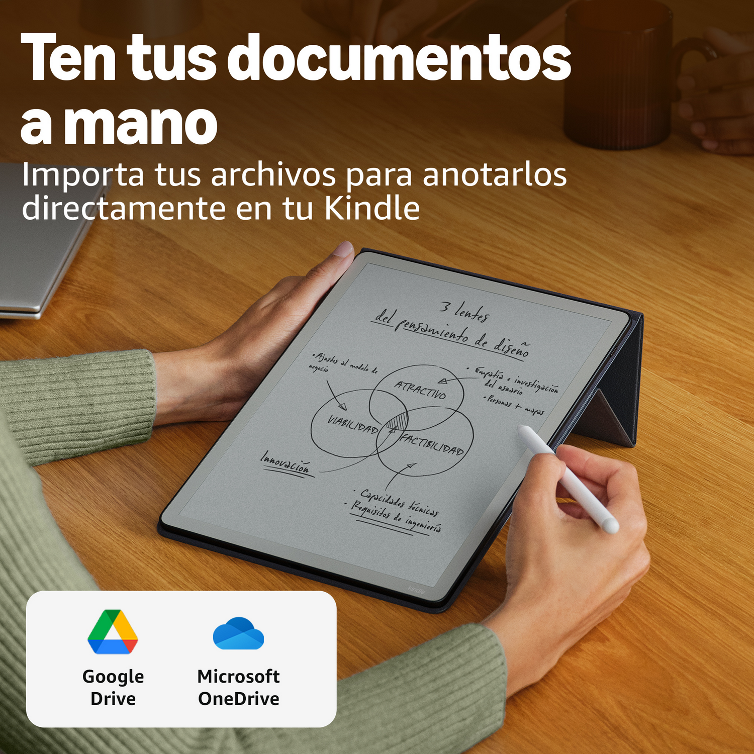 Una persona usa un lápiz para tomar notas en un Kindle. Los logotipos de Google Drive y OneDrive se muestran abajo.