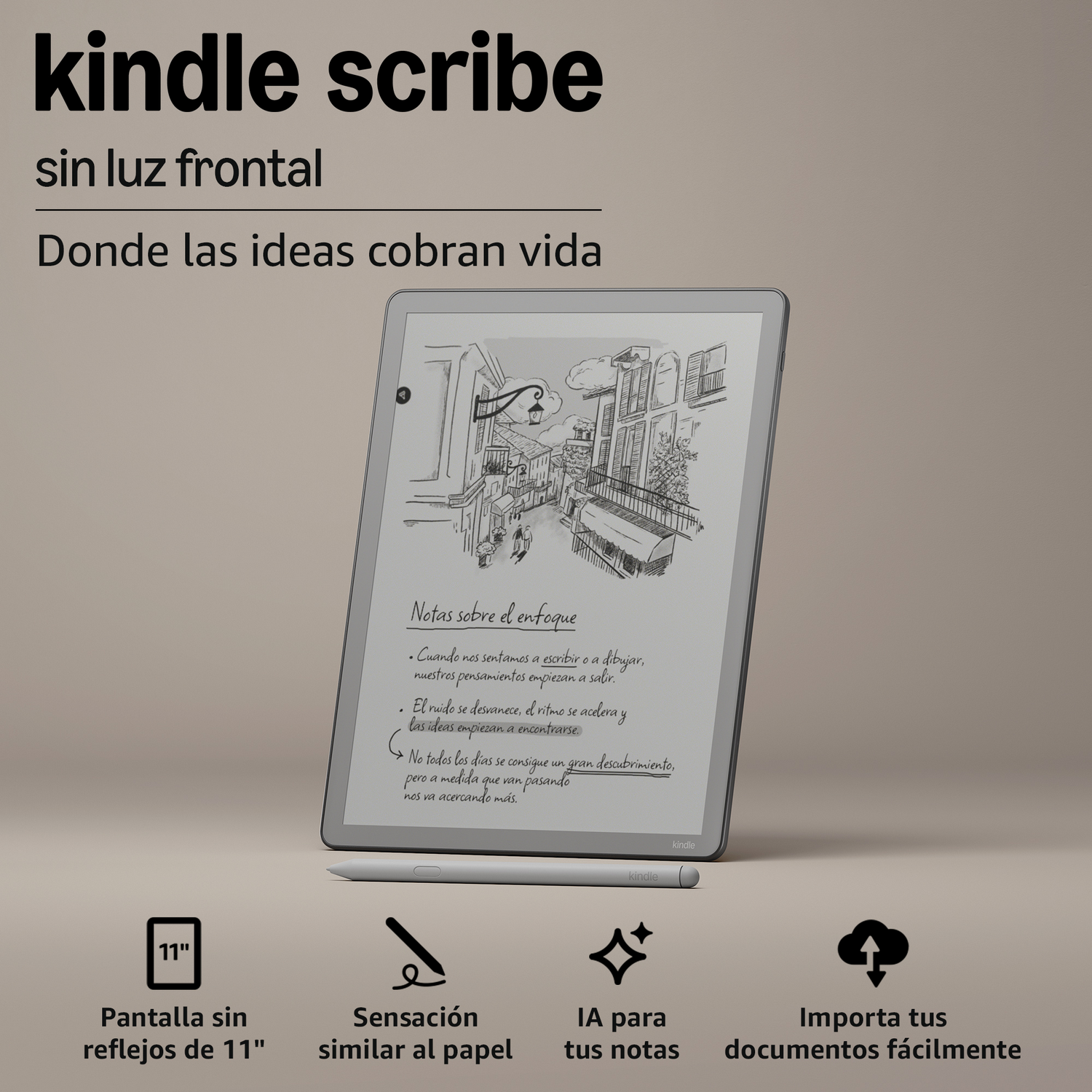 E-reader Kindle Scribe con lápiz, notas en pantalla. Iconos: 11 pulgadas, similar al papel, IA, nube.