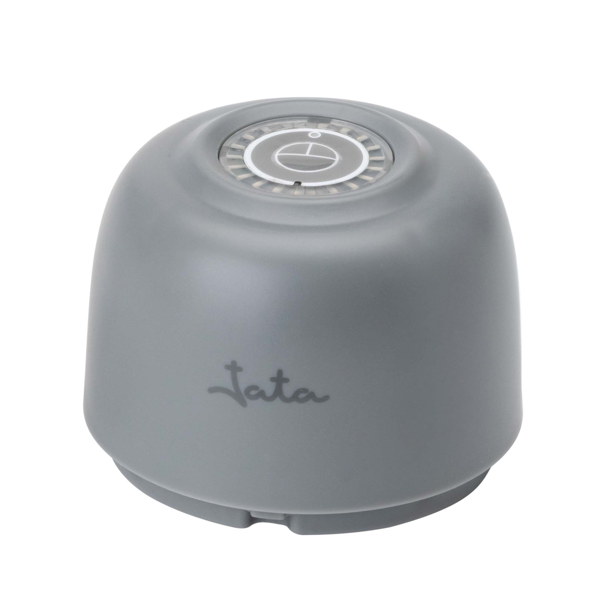 Objeto gris con forma de campana con logo y círculo iluminado encima.