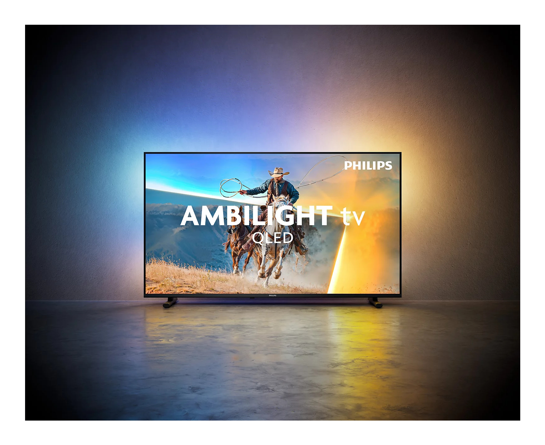 Un televisor Philips Ambilight OLED con un vaquero a caballo en pantalla.