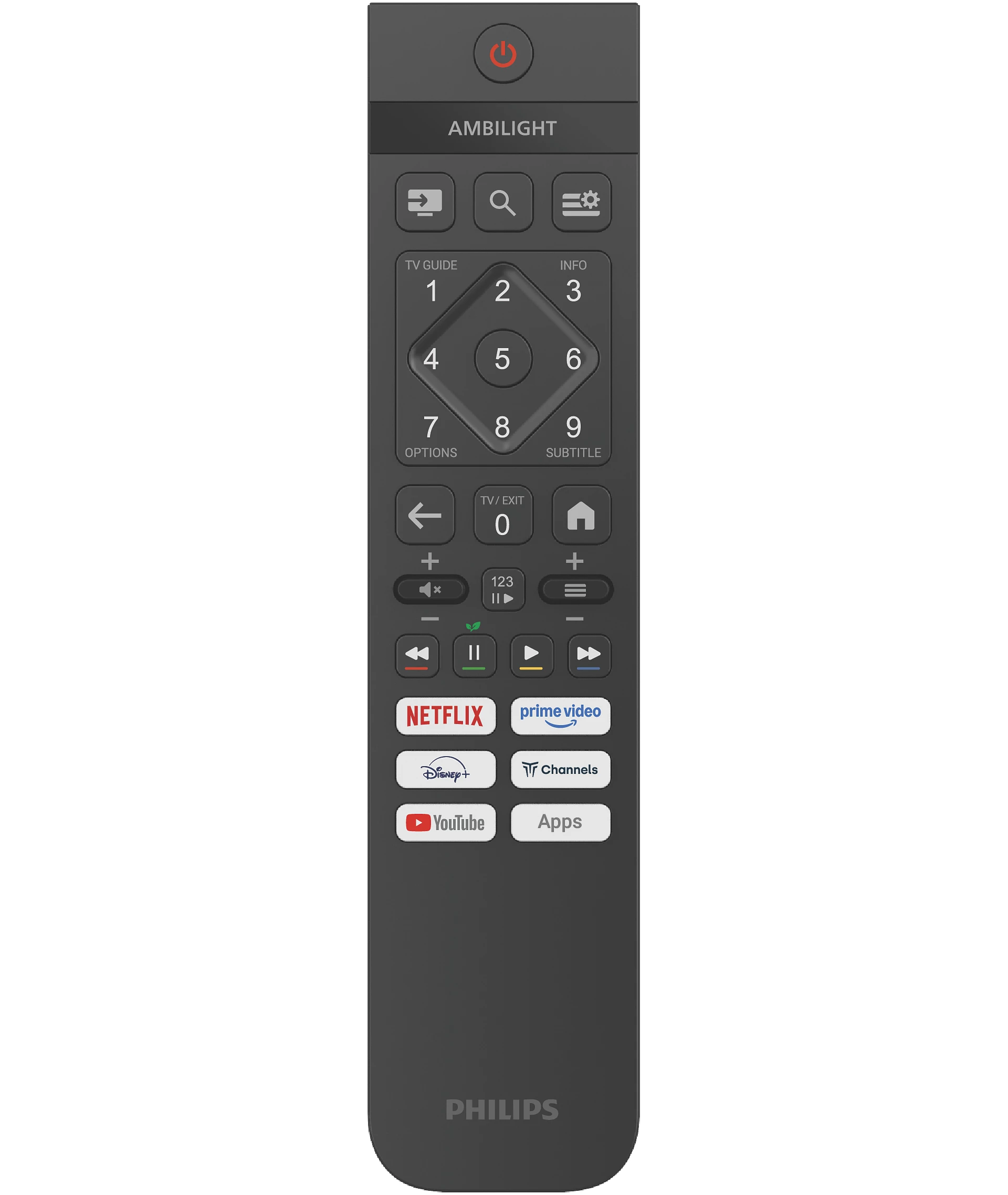 Un mando a distancia Philips oscuro con Ambilight, teclado numérico, navegación y botones de app.