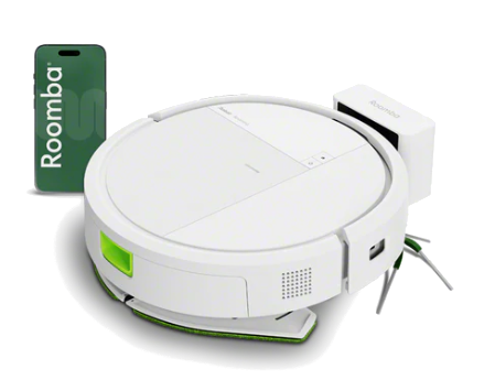 Un robot aspirador blanco con base de carga y tarjeta verde. Limpio y moderno.