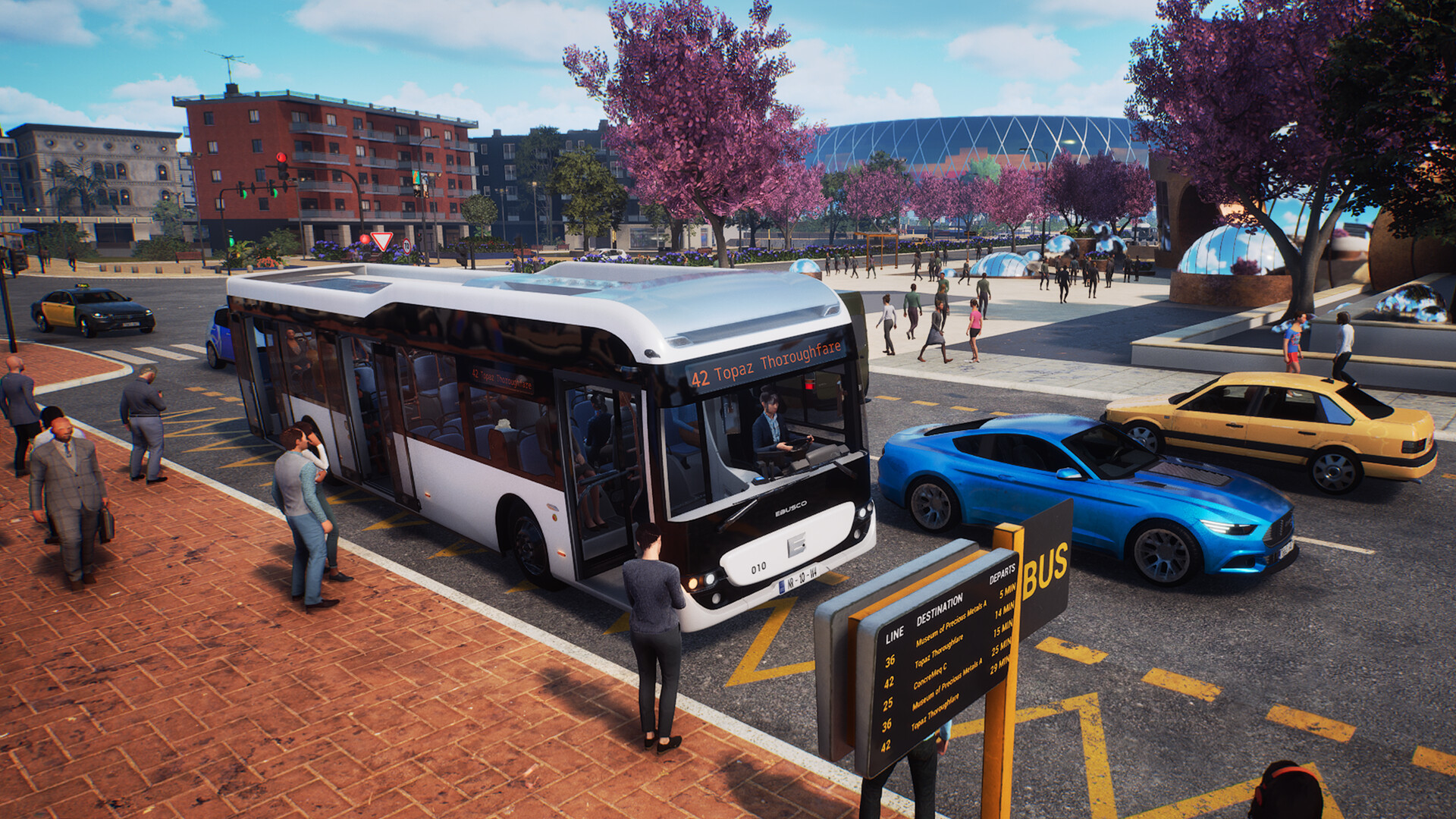 Buslinie 42 hält an einer Straßenecke mit Passanten und Autos.