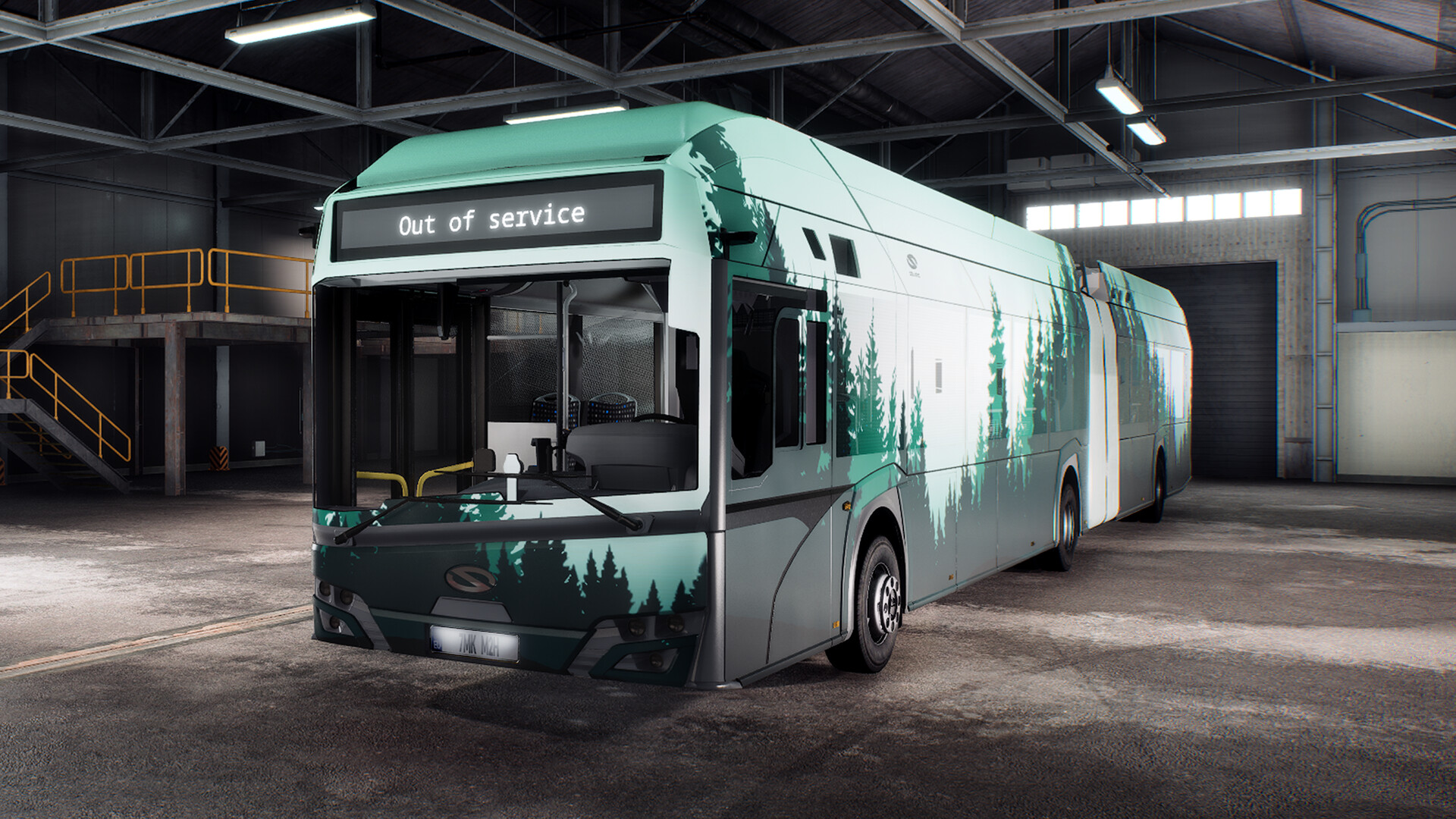 Ein grüner Bus mit Waldmotiv parkt in einer Garage. Das Schild zeigt 'Außer Betrieb'.