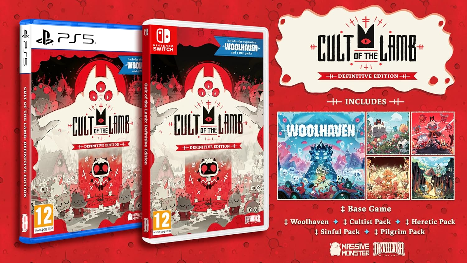 Cult of the Lamb: Definitive Edition PS5 und Switch-Spielehüllen mit Erweiterungskunst.