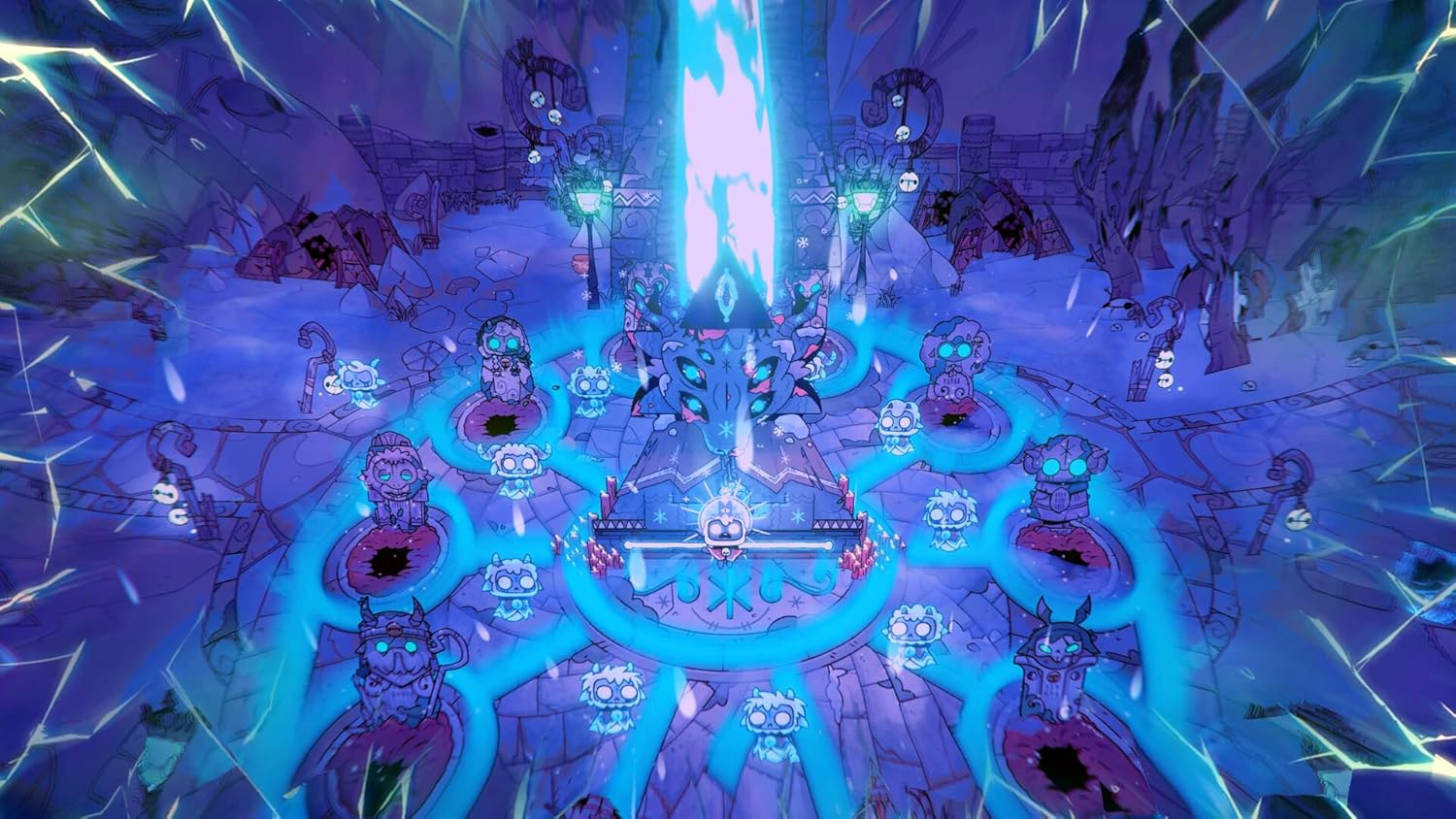 Eine mystische Szene mit blauen Energiefeldern und kleinen Kreaturen.